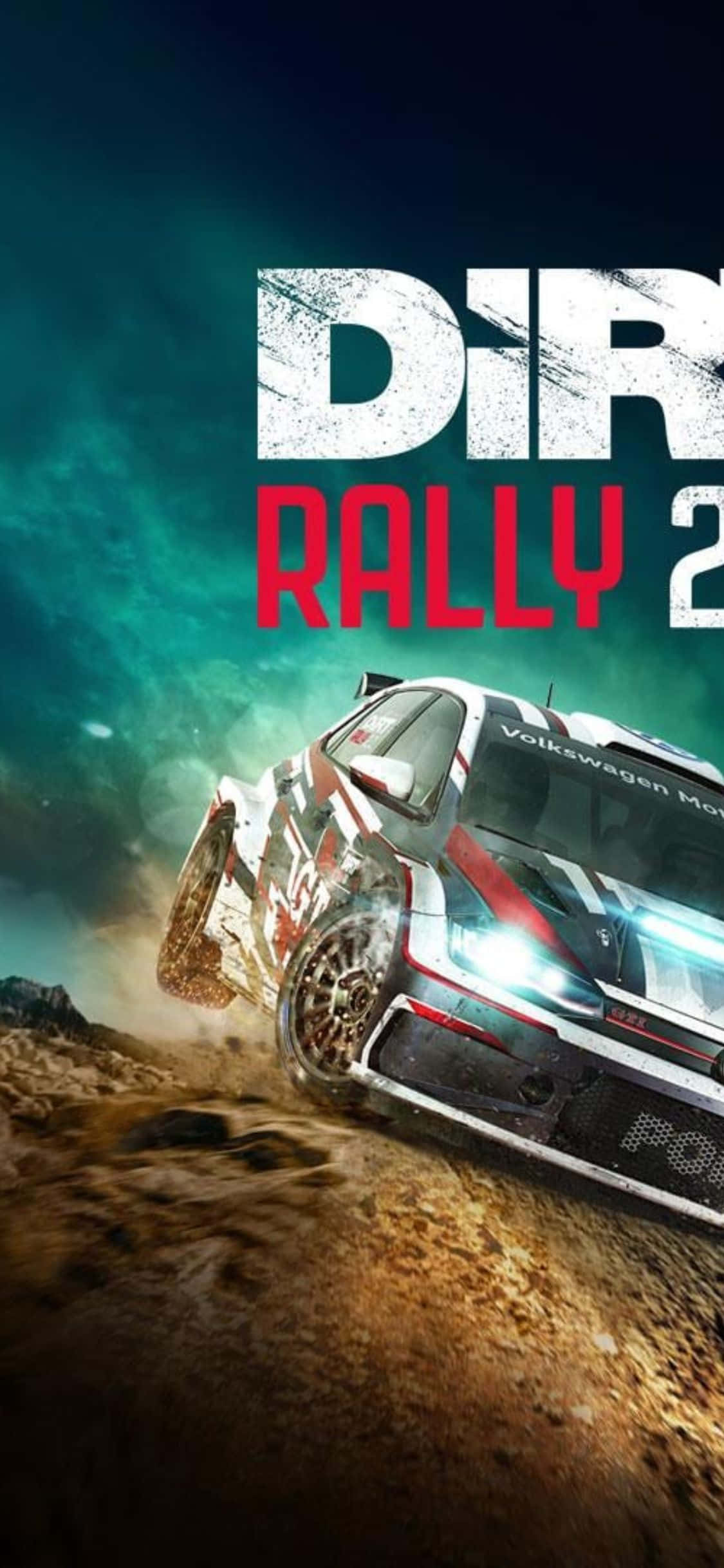 iPhone X Dirt Rally 桌布 壁紙 — 一輛福斯汽車拉力賽車在發光的青綠色天空下，疾馳過崎嶇的山地，揚起塵土。