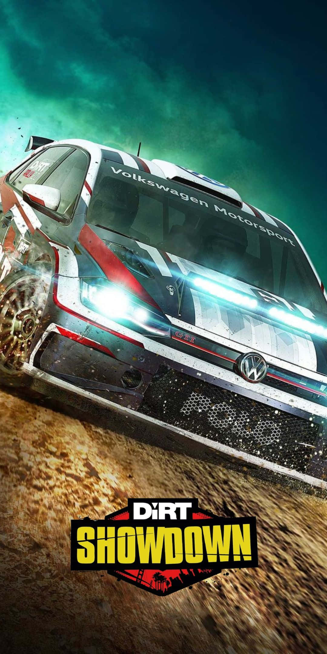 Pixel 3 Dirt Showdown 桌布 壁紙 — 一輛福斯越野賽車在發光的綠色天空下，高速穿越泥濘地形，呈現高辛烷值的賽車遊戲場景。