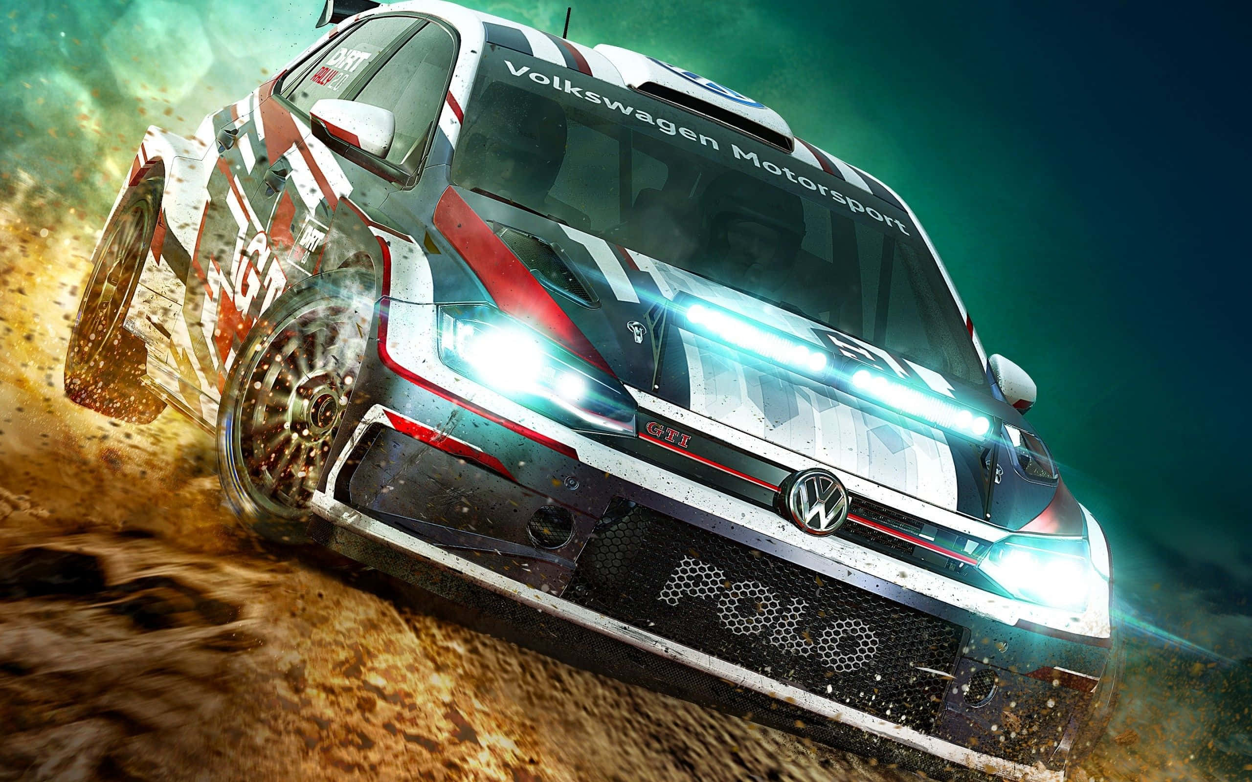 Racing Games 桌布 壁紙 — 一輛福斯越野賽車在發光頭燈下高速穿過泥土揚起灰塵。