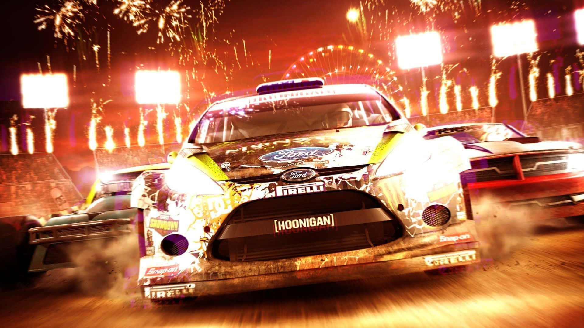 1080p Dirt 3 桌布 壁紙 — 一輛福特拉力賽車在夜間體育場疾馳，背景有煙火和摩天輪。