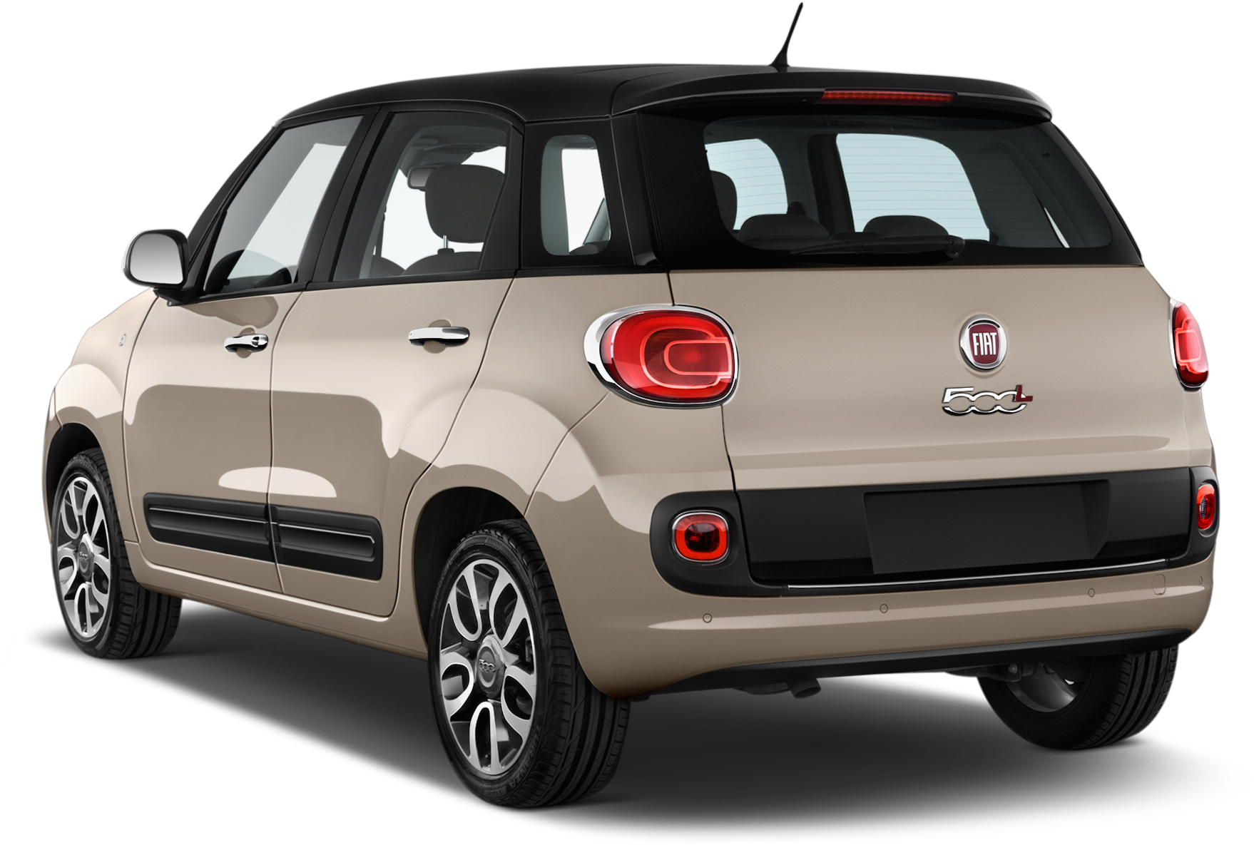 飛雅特 桌布 壁紙 — 一輛米色Fiat 500L緊湊型汽車，從後方四分之三角度展示，黑色背景，紅色尾燈。