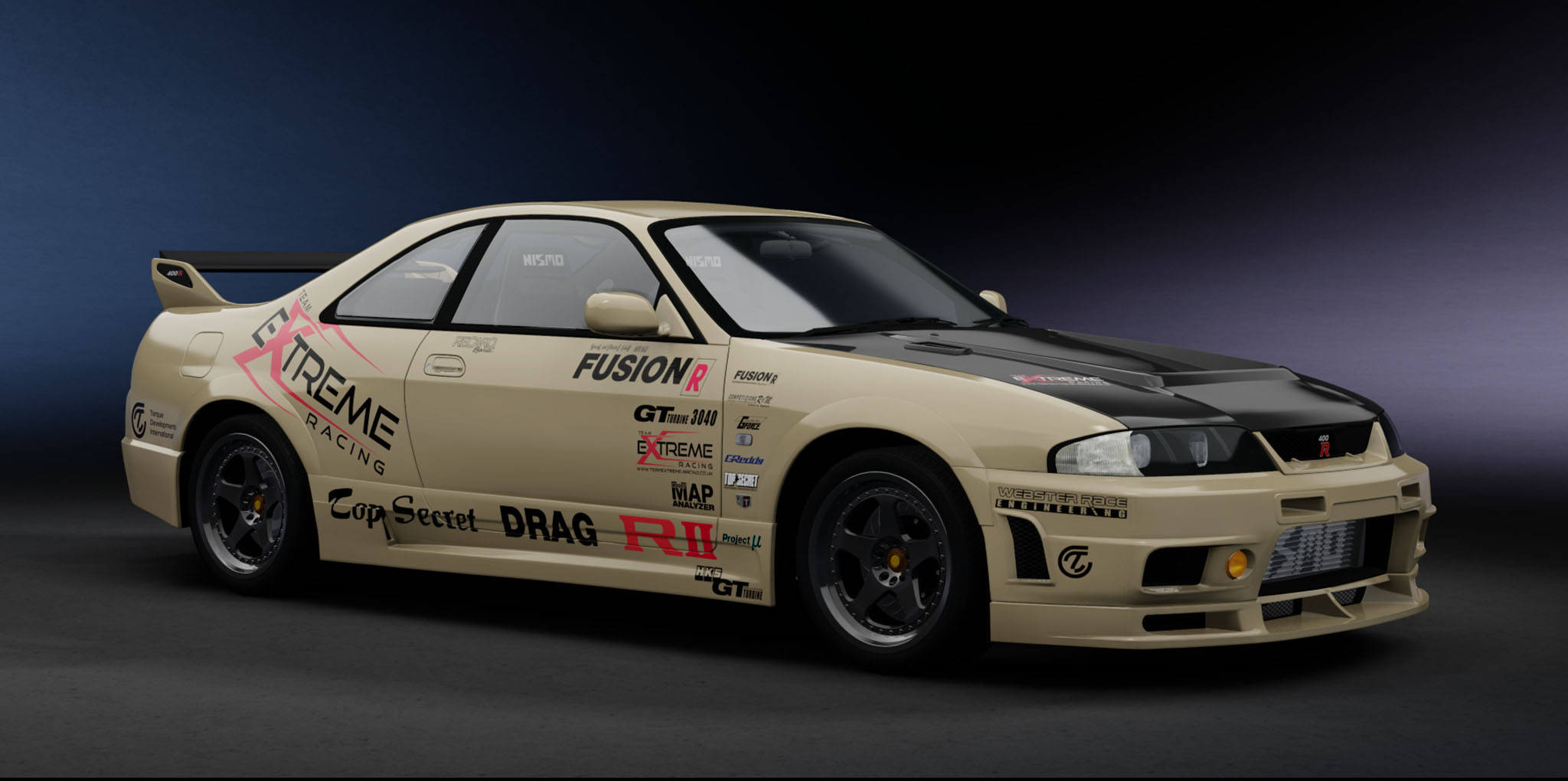 Gtr 桌布 壁紙 — 一輛米色和黑色的日產Skyline GT-R賽車，帶有贊助商貼紙，在工作室燈光下展示。