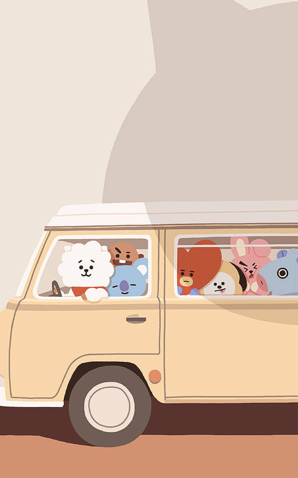 一輛米色貨車裝滿卡通動物，背景為純色。 — BT21 GIF 壁紙