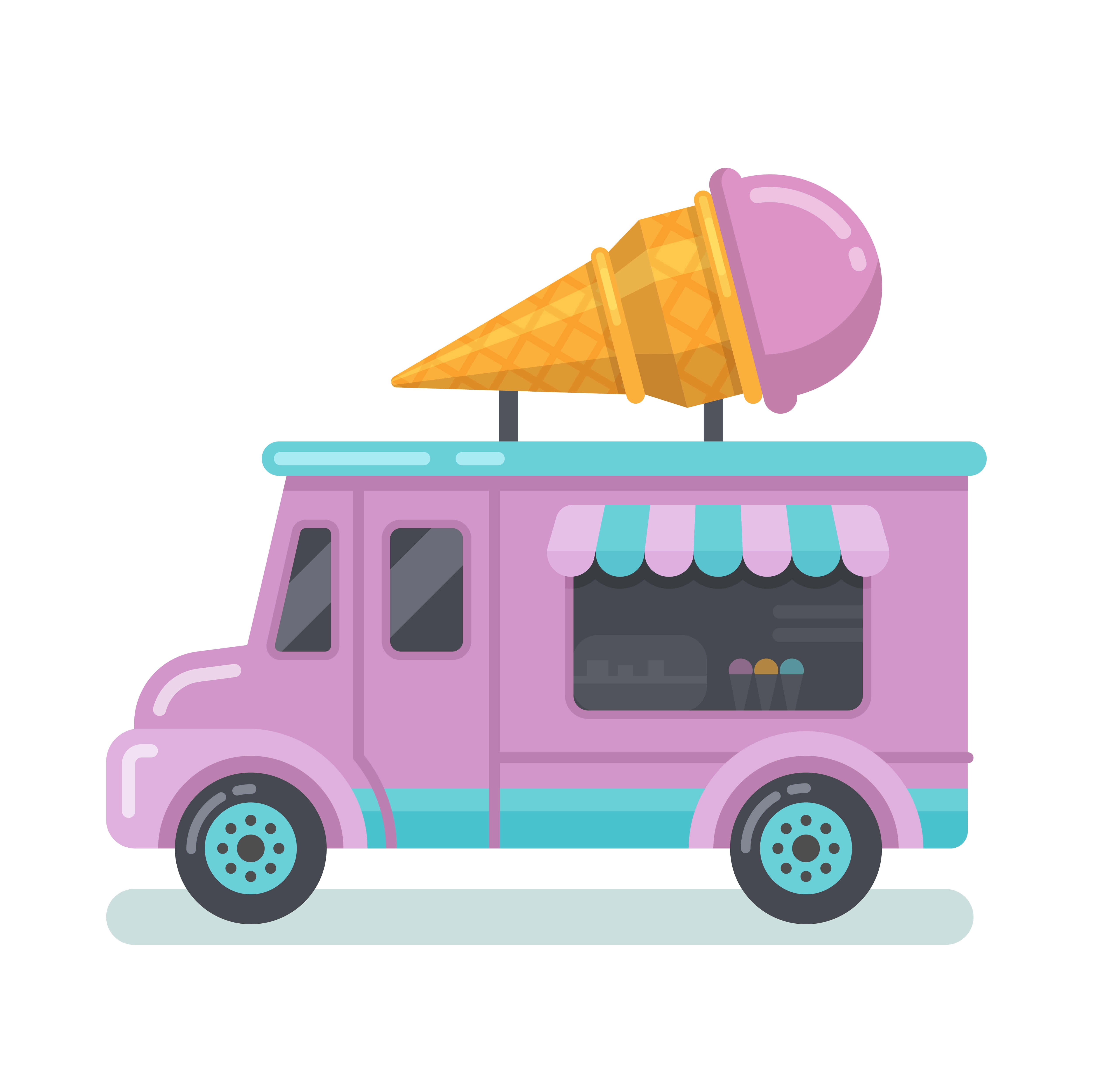 Ice Cream Truck 桌布 壁紙 — 一輛粉紅色冰淇淋車，車頂有一個巨大的鬆餅甜筒和條紋遮陽篷。