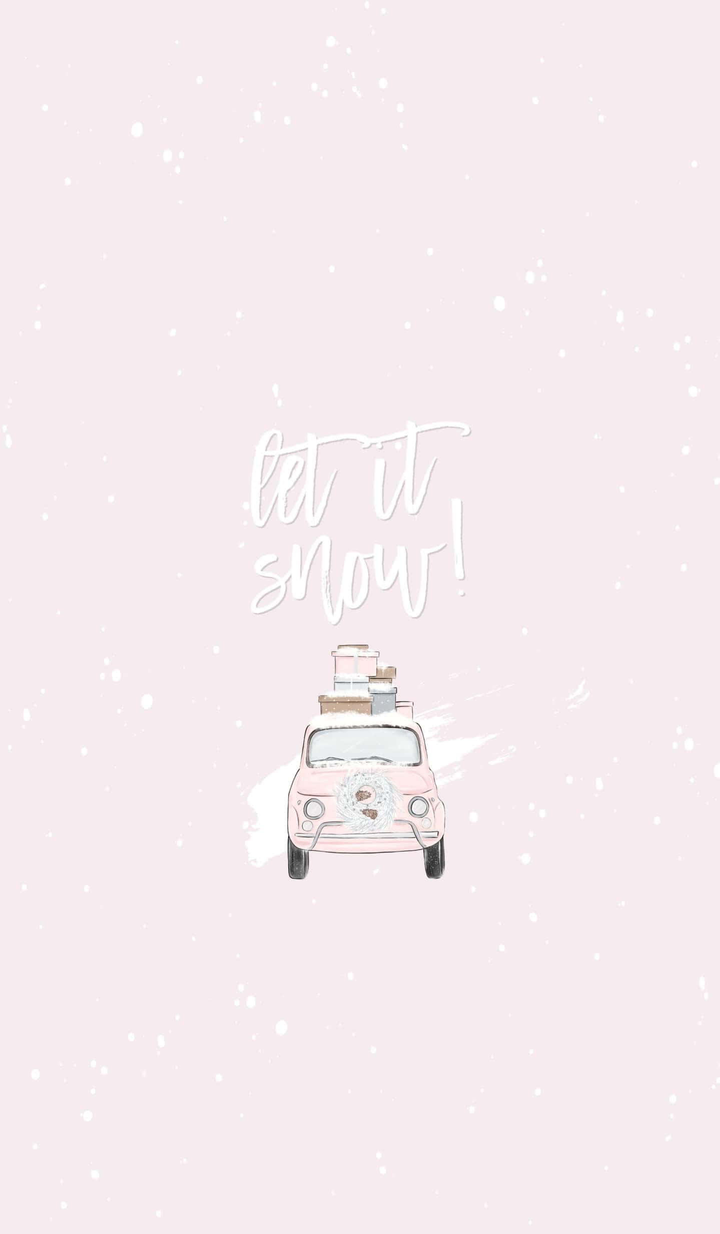 Cute Winter Aesthetic 桌布 壁紙 — 一輛粉紅色復古車頂上載著行李，在柔和的粉紅色背景上，於「let it snow」文字下穿過飄落的雪。
