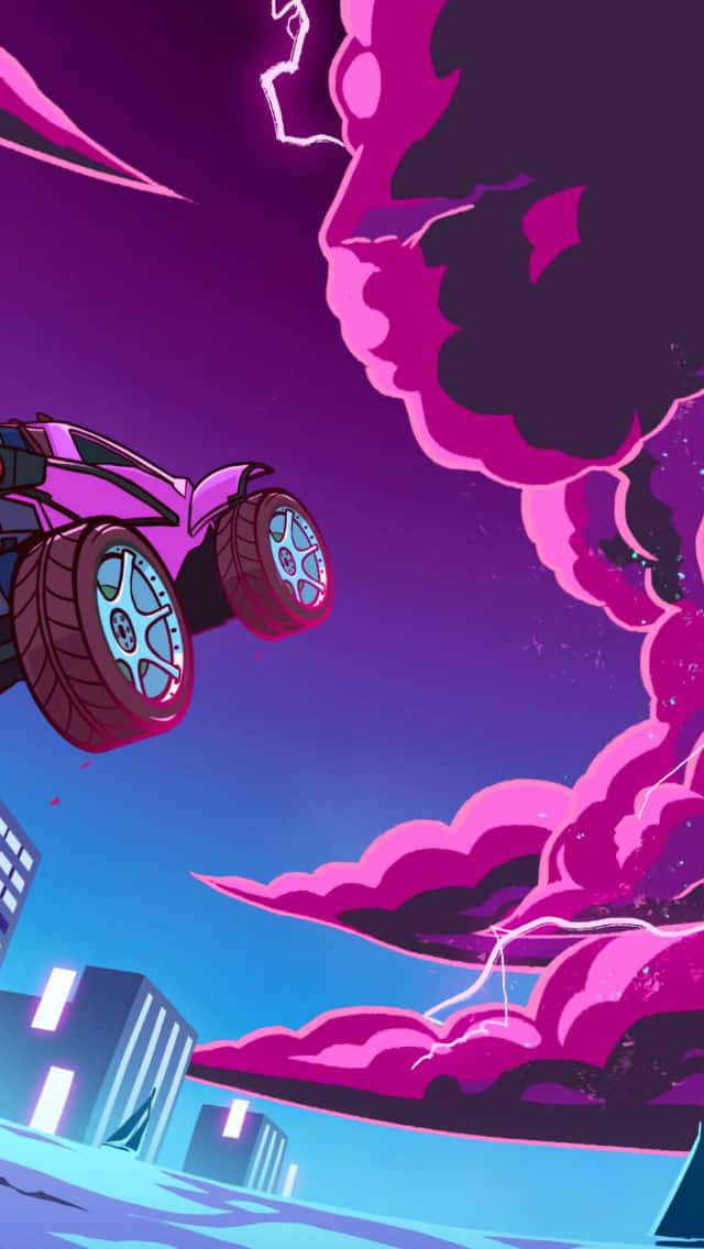 Rocket League Car 桌布 壁紙 — 一輛粉紅色怪獸卡車在充滿電光的紫色天空中飛馳，下方是發光的藍色城市景觀。