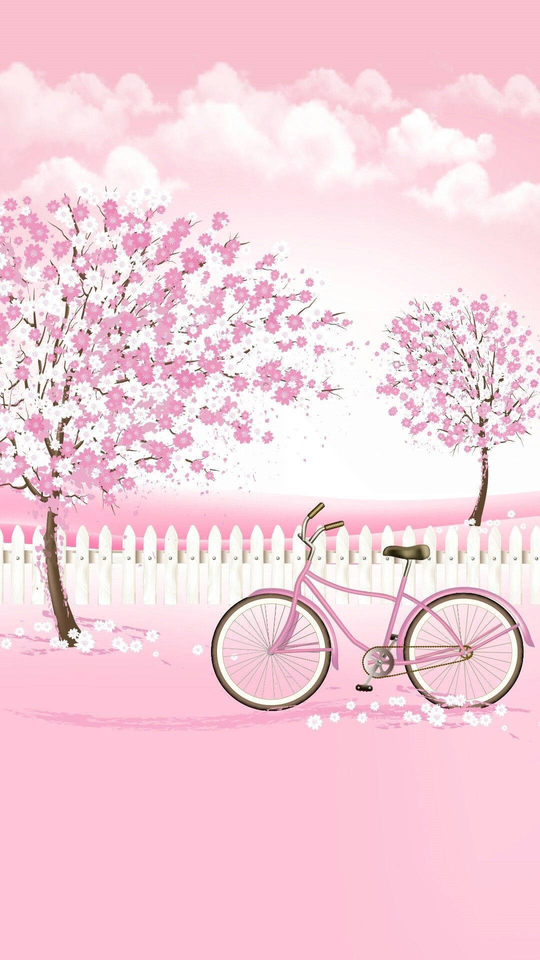 春天，粉紅色腳踏車停放在櫻花樹和白色柵欄附近。 — 少女風 GIF 壁紙