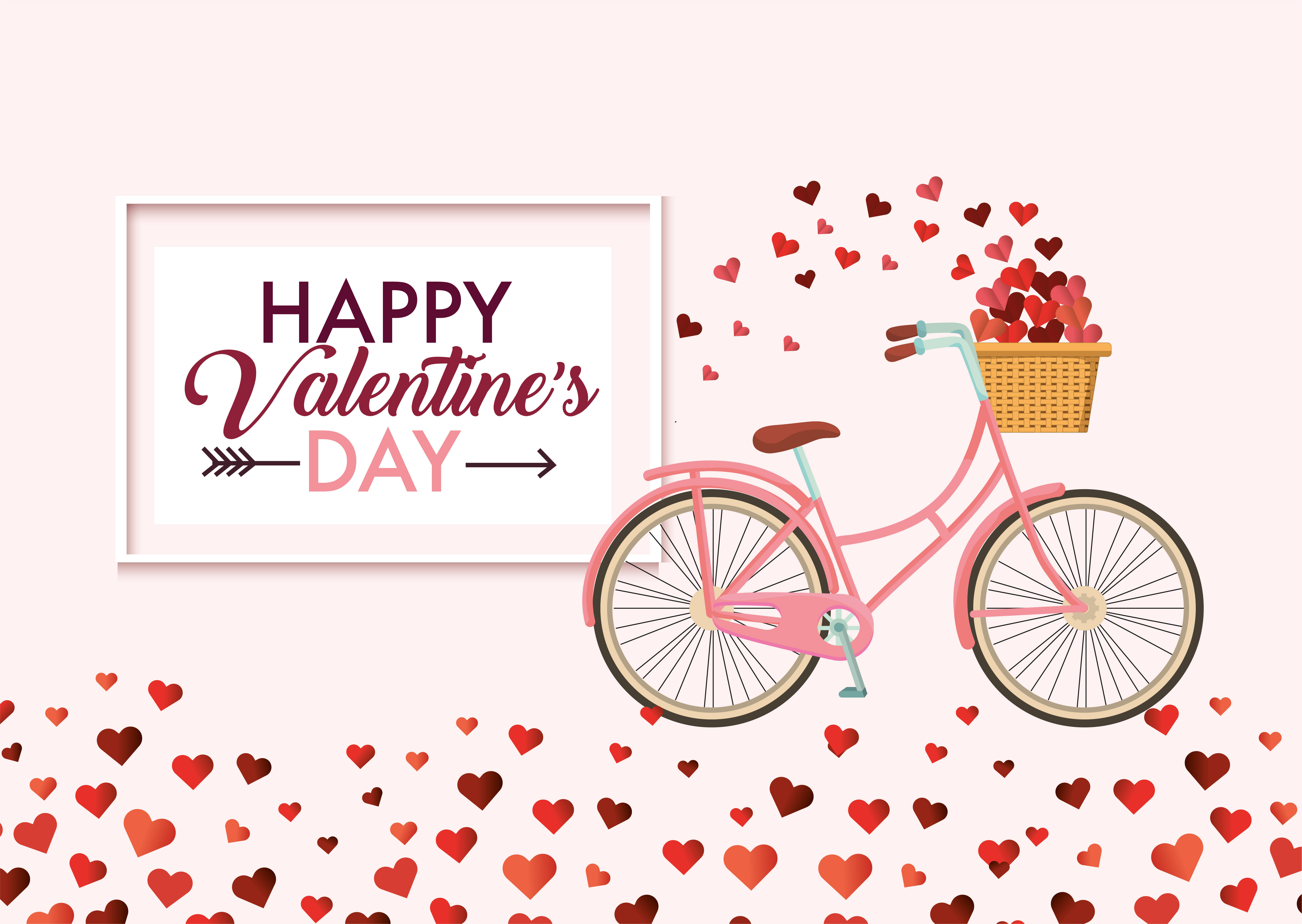 Valentines 桌布 壁紙 — 一輛粉紅色自行車，籃子裡裝滿了心形，漂浮在散落的心形之間，旁邊是一個帶框的「Happy Valentine's Day」標誌。