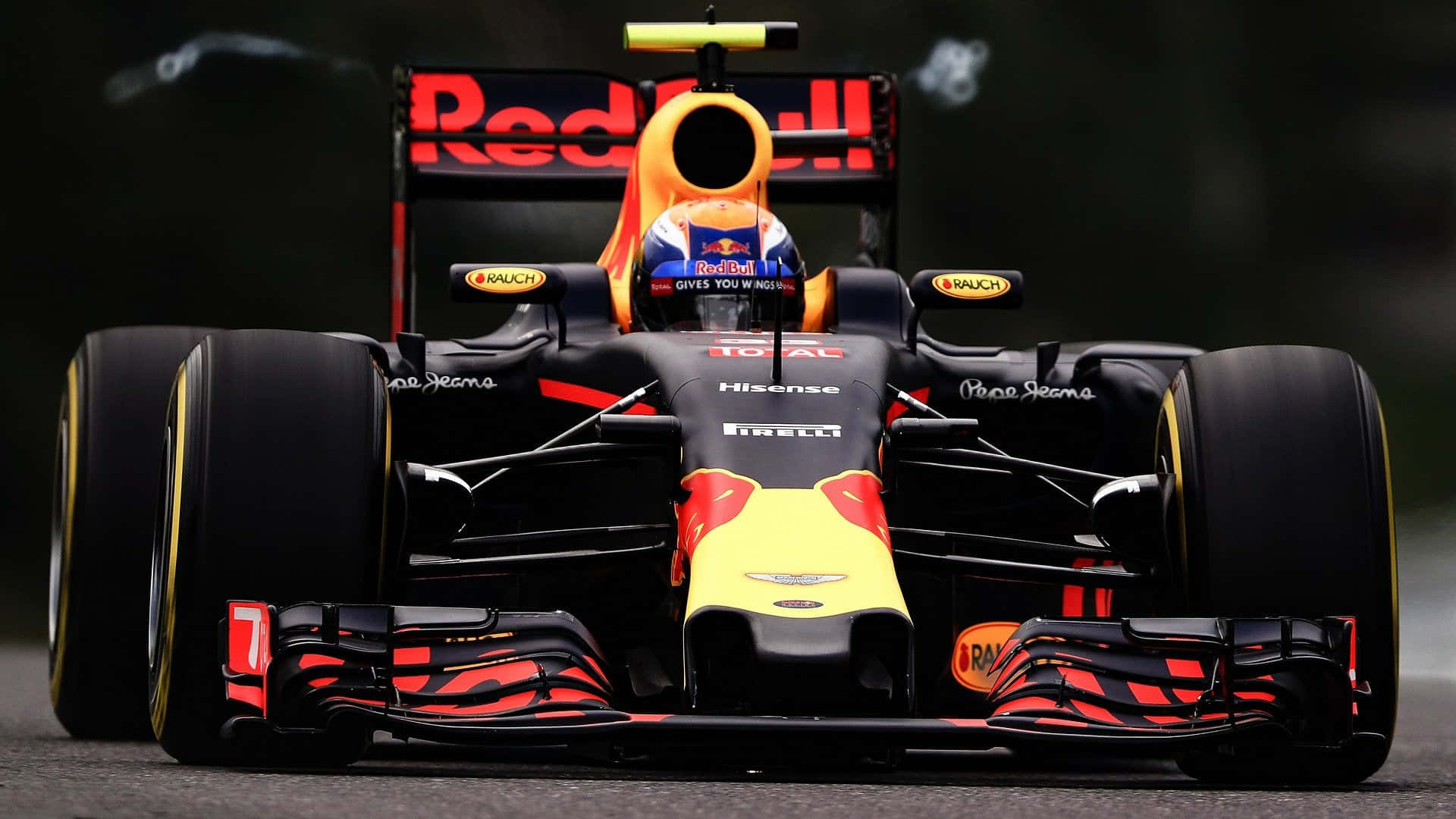 F1 2016 桌布 壁紙 — 一輛紅牛一級方程式賽車，車手頭盔清晰可見，在陰天潮濕的賽道上疾馳。
