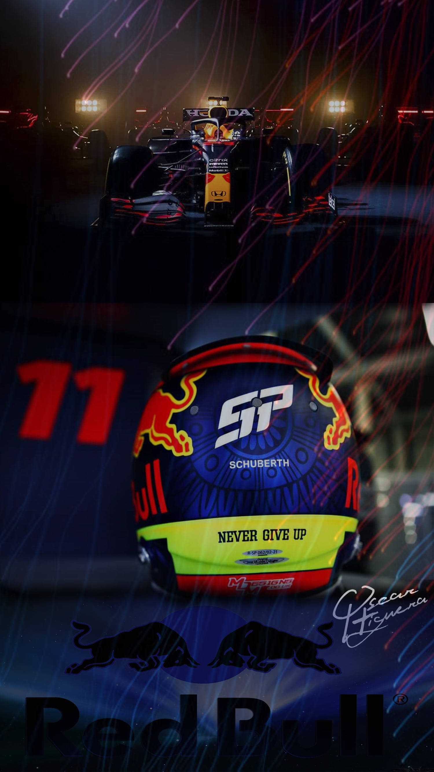 sergio perez 桌布 壁紙 — 一輛紅牛一級方程式賽車和車手頭盔，上面有「Never Give Up」標語，在夜間被條紋燈光照亮。