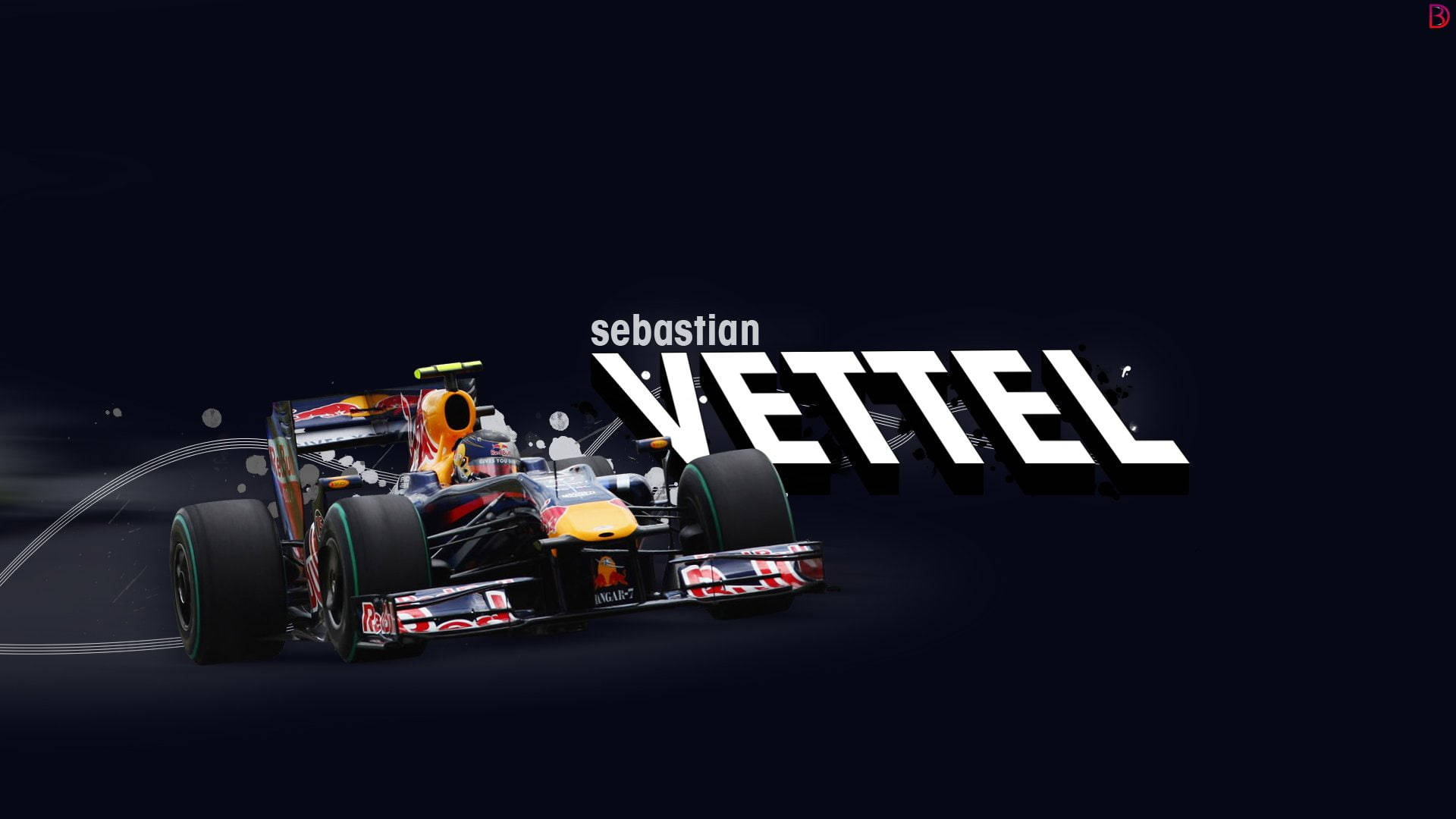 sebastian vettel 桌布 壁紙 — 一輛紅牛一級方程式賽車在深色背景上疾馳，並帶有粗體白色字體的「Sebastian Vettel」文字。