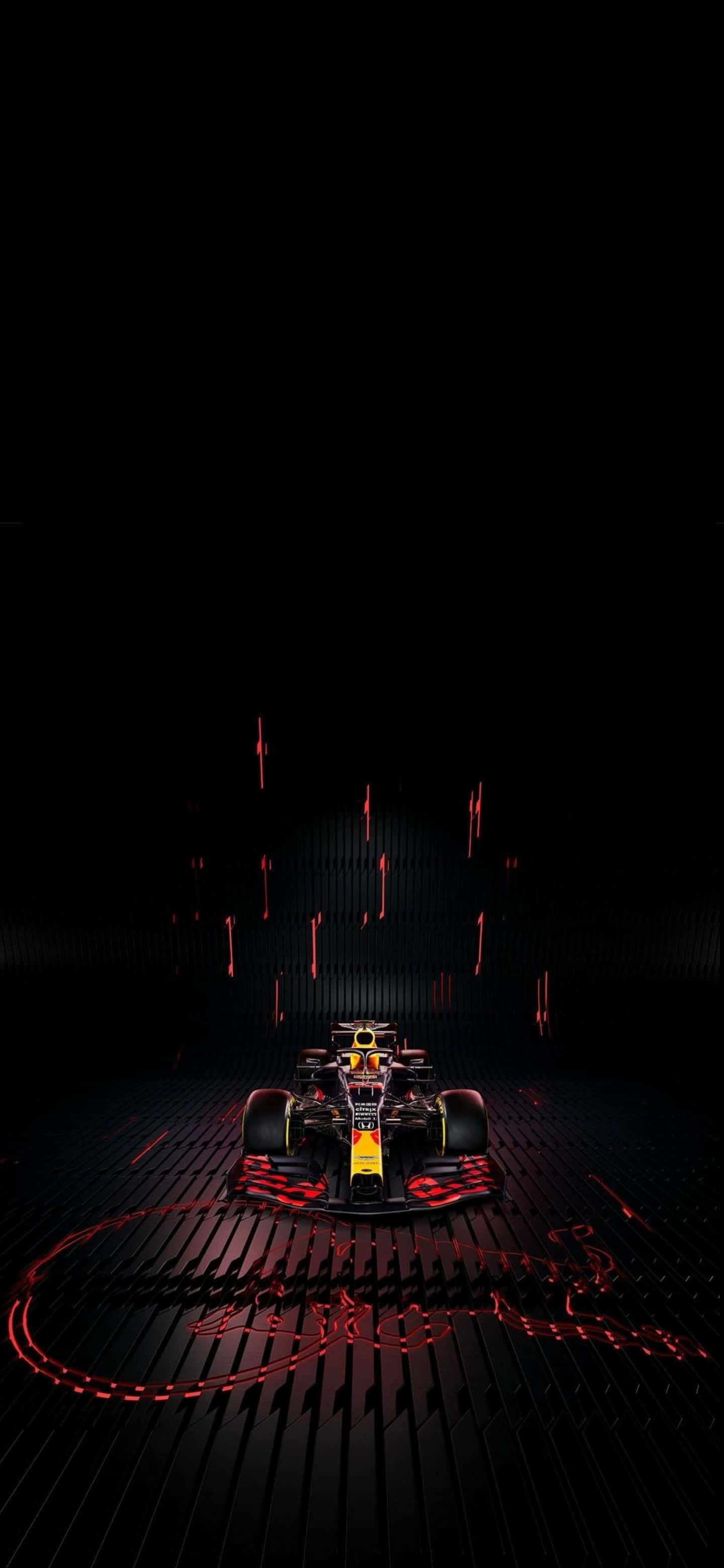 Max Verstappen 桌布 壁紙 — 一輛紅牛一級方程式賽車在黑色虛空下的深色紋理地板上發出紅色霓虹燈光。