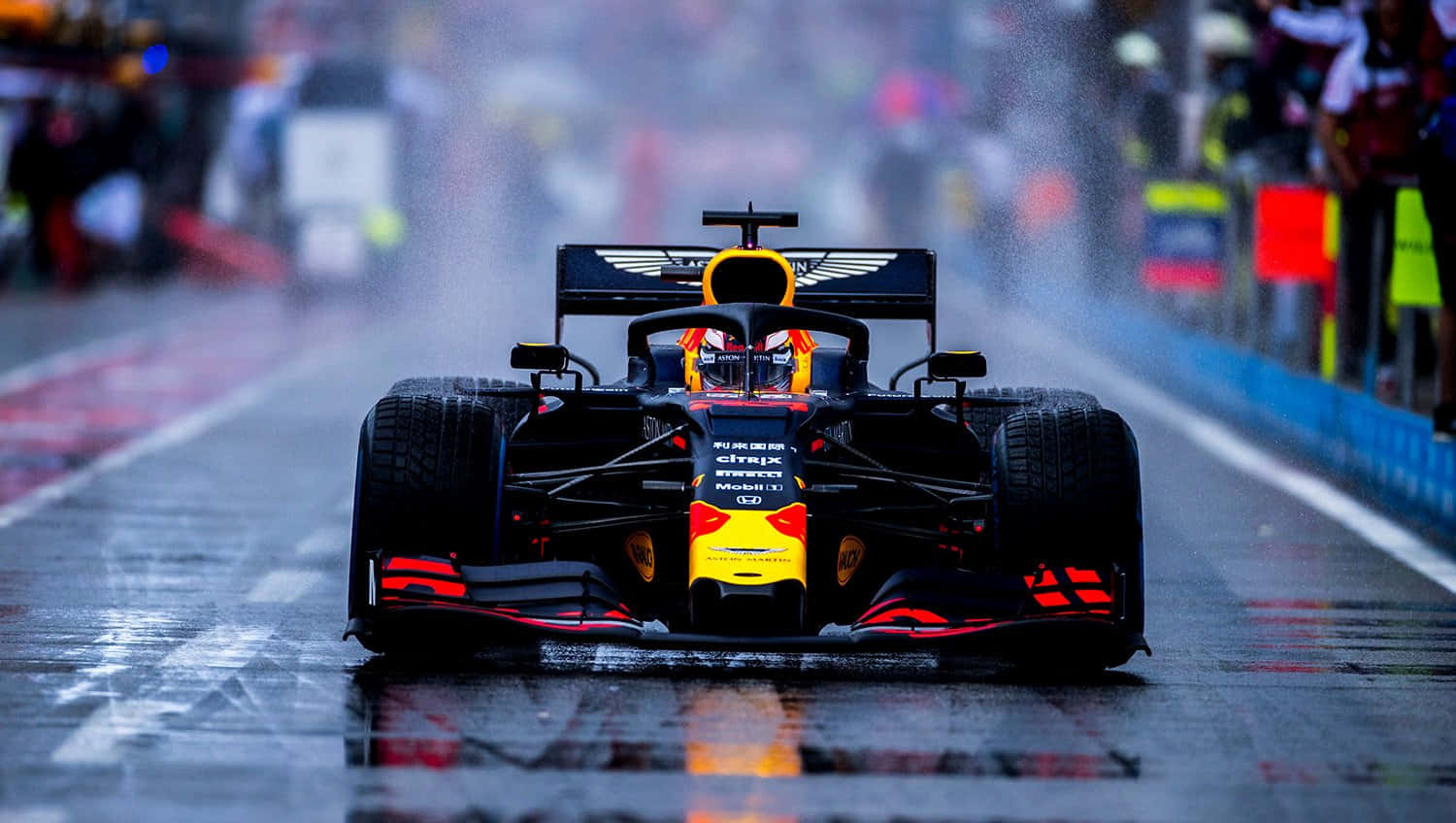 一輛紅牛賽車在雨中沿賽道奔馳 壁紙