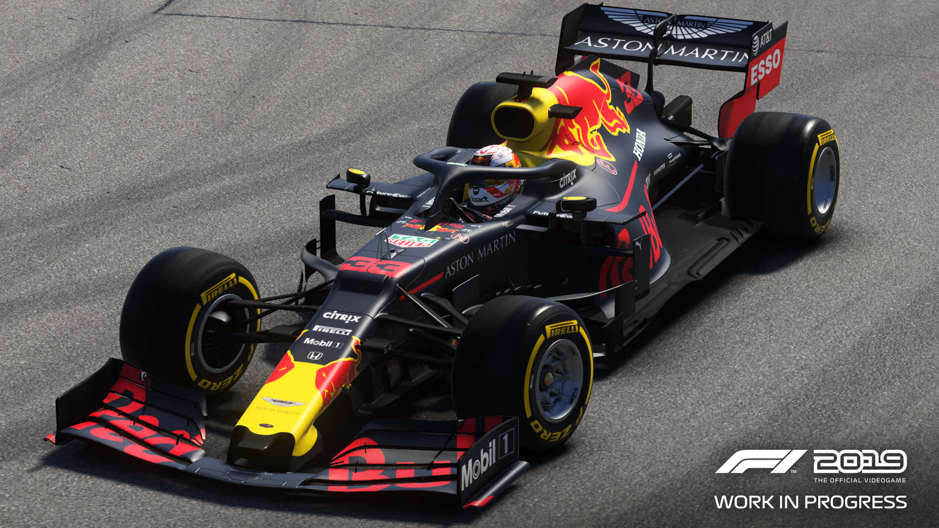 Formula One 桌布 壁紙 — 一輛紅牛車隊一級方程式賽車，帶有鮮豔的黃黑塗裝，在陽光明媚的賽道上飛馳。