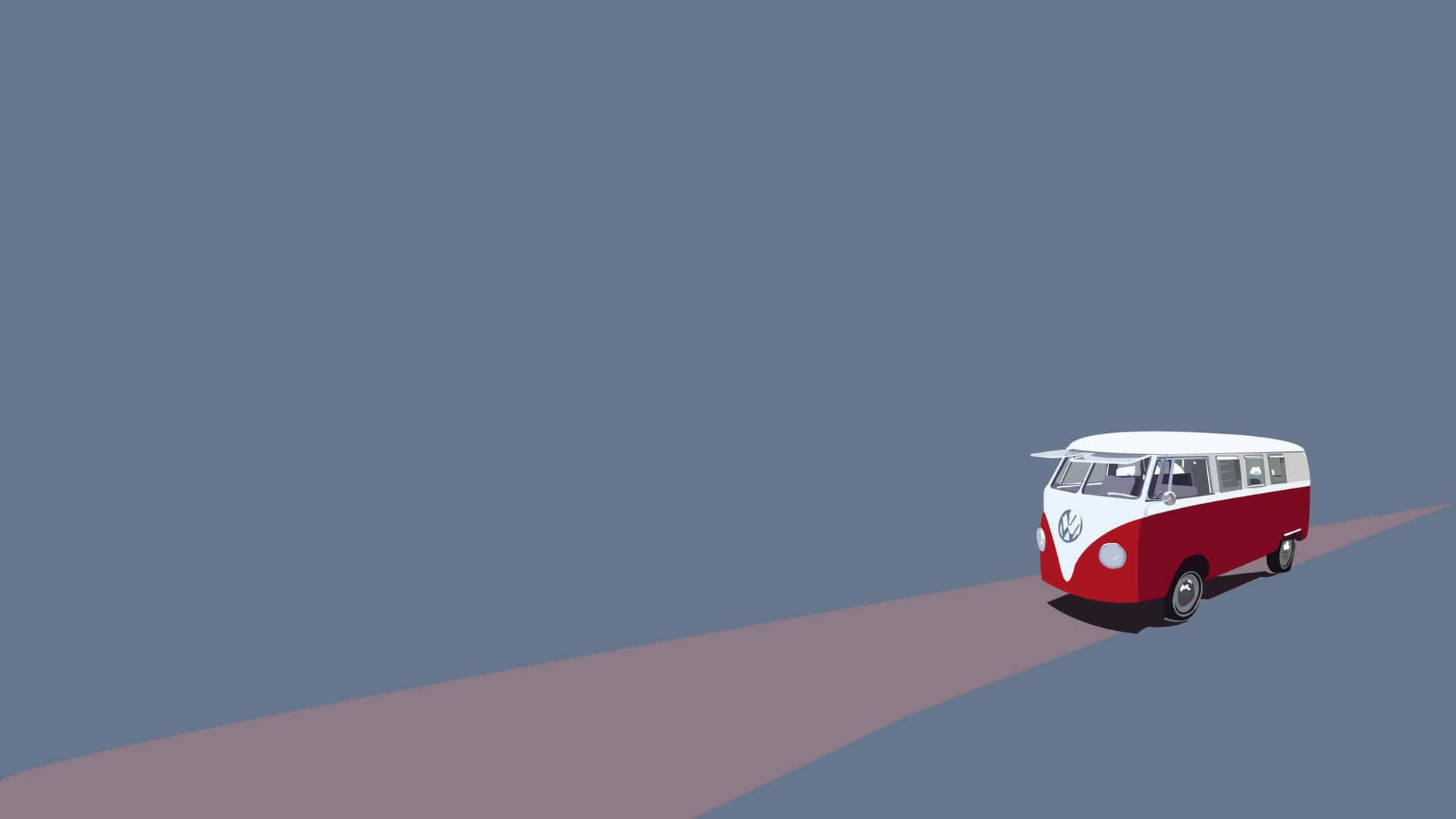 Minimal Art 桌布 壁紙 — 一輛紅白相間的復古福斯露營車在狹窄的道路上獨自行駛，背景是柔和的藍色。