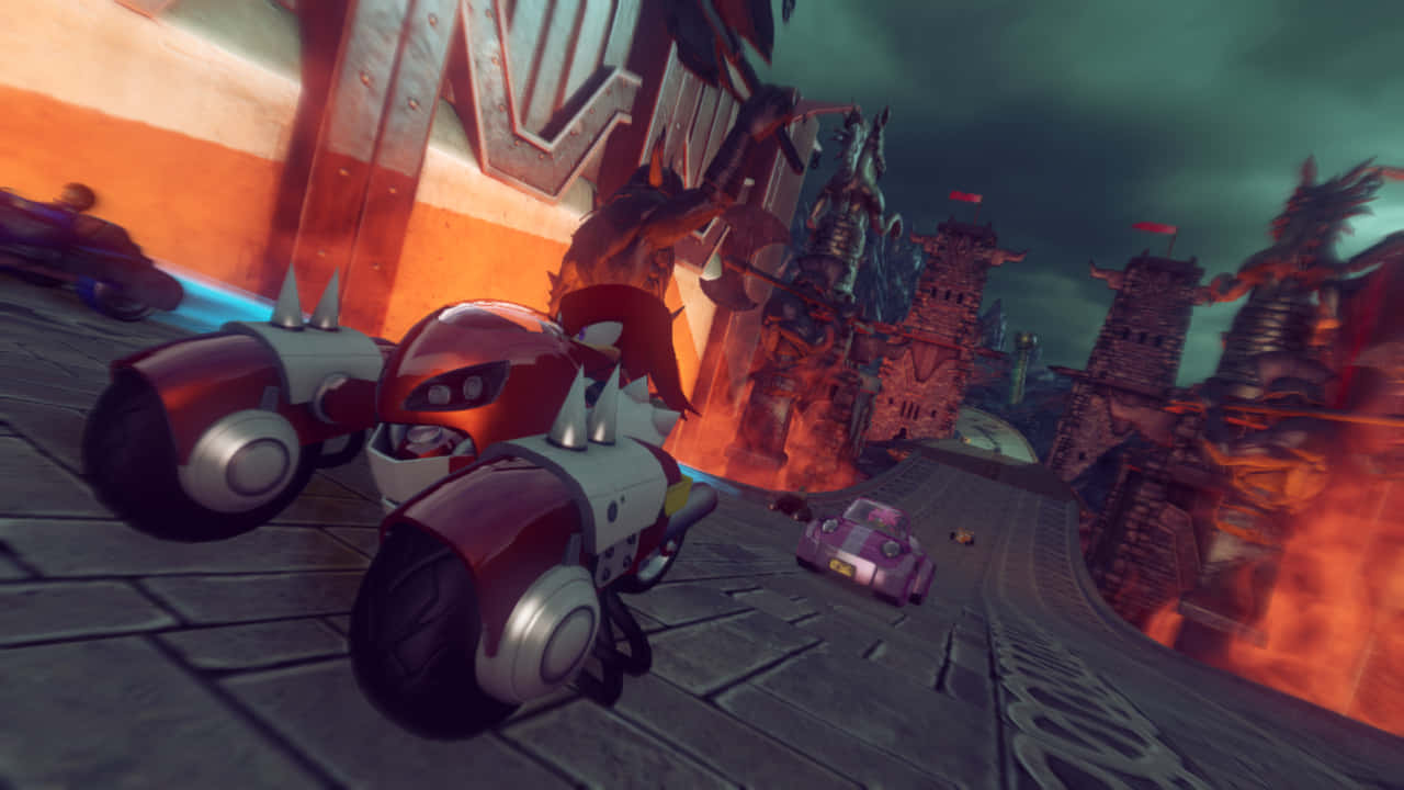 Sonic And All-stars Racing Transformed 桌布 壁紙 — 一輛紅白相間的賽車卡丁車在風暴天空下沿著石頭賽道穿過火熱的奇幻城堡廢墟疾馳。
