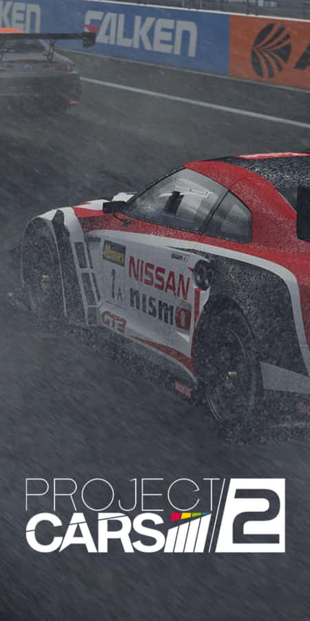 Pixel 3 Project Cars 2 桌布 壁紙 — 一輛紅白色的日產Nismo賽車在潮濕的賽道上濺起水花，可見'Project Cars 2'標誌。