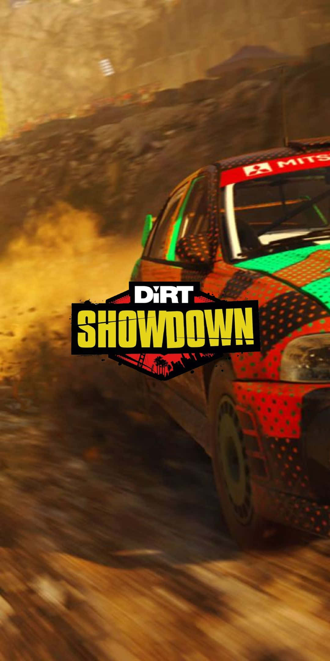 Pixel 3 Dirt Showdown 桌布 壁紙 — 一輛紅綠黑塗裝的拉力賽車在塵土飛揚的泥路高速行駛，濺起金色泥漿。