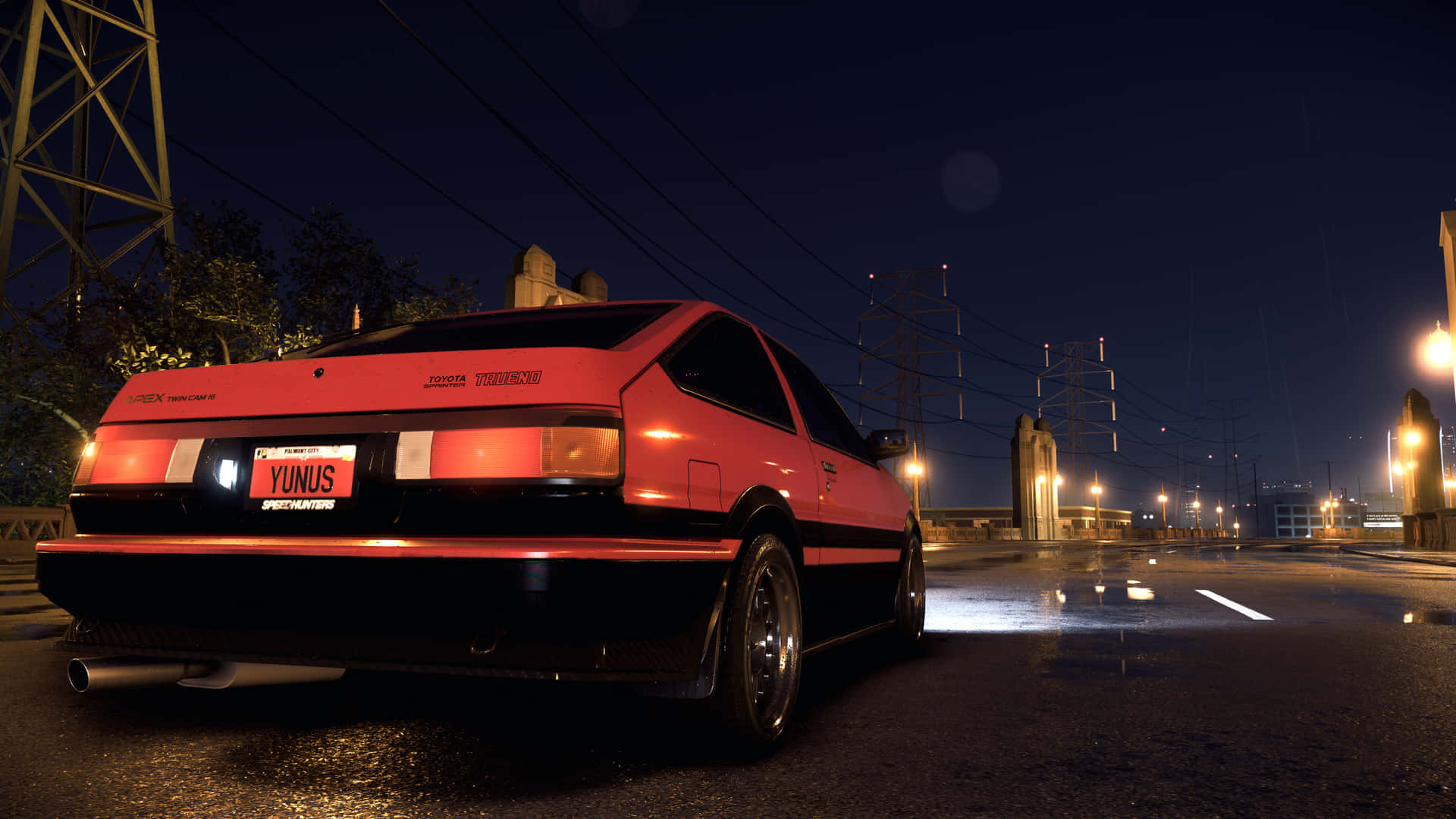 紅色跑車停在潮濕的城市街道上，夜晚有發光的燈光。 — Toyota Supra Mk4 壁紙