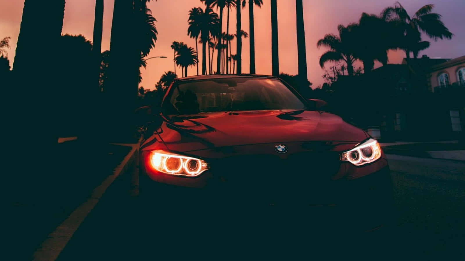 classic bmw 桌布 壁紙 — 一輛紅色BMW跑車在暮色天空下閃爍著車頭燈，背景是高聳的棕櫚樹。
