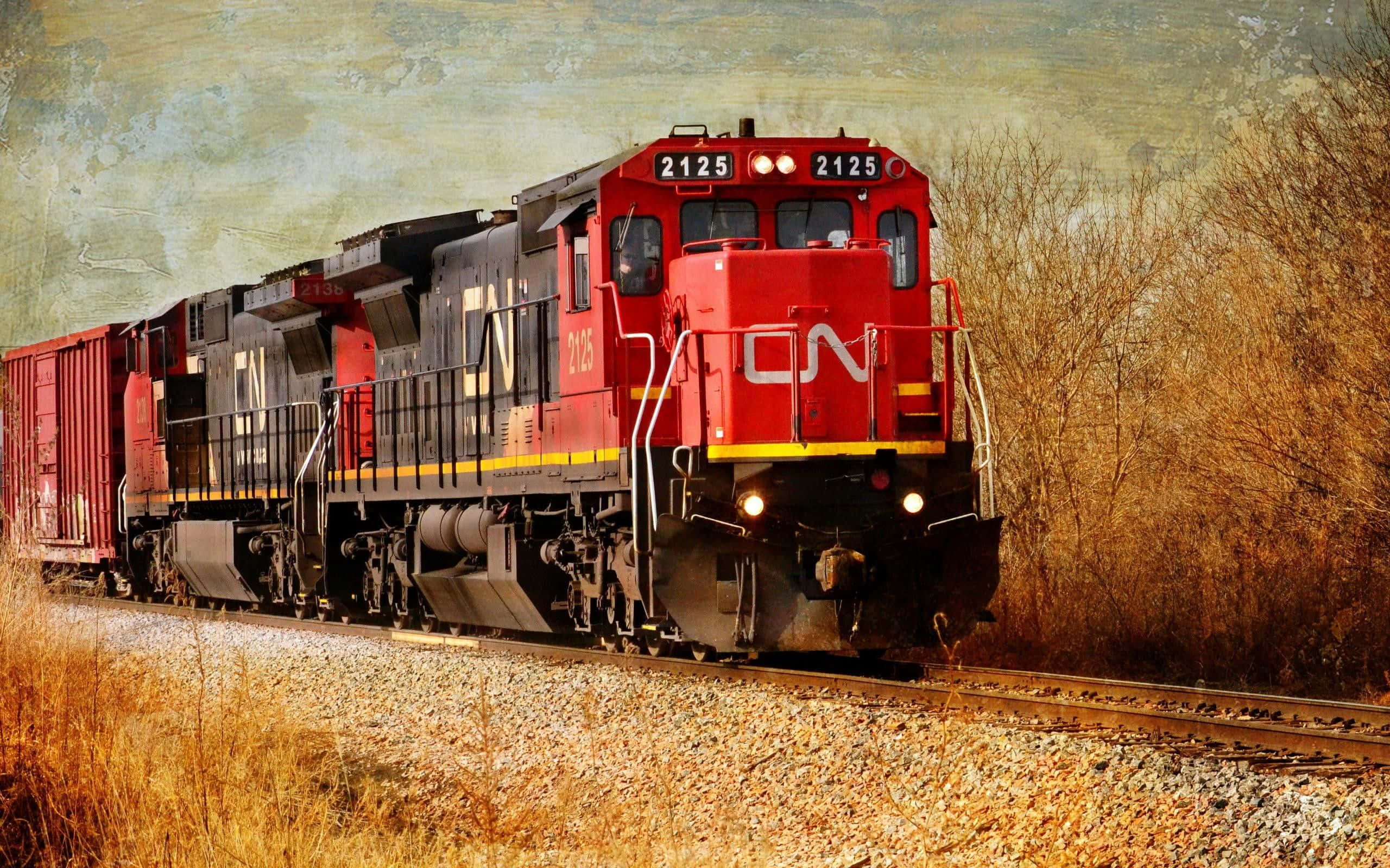 火車 桌布 壁紙 — 一輛紅色CN貨運列車編號2125在紋理天空下行駛穿過乾燥的草地。