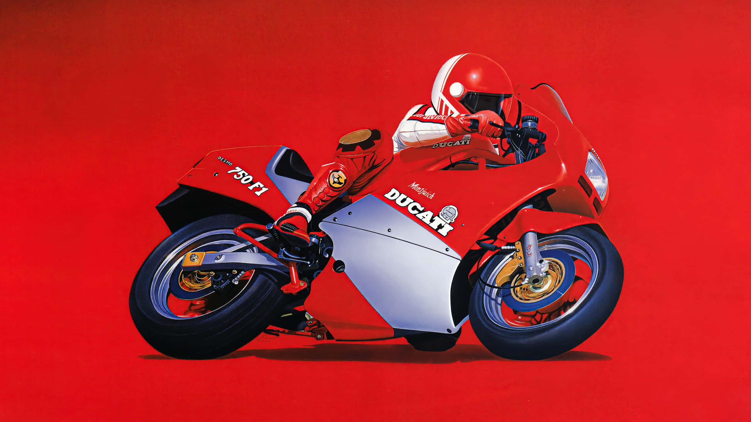 機車 桌布 壁紙 — 一輛紅色Ducati 750 F1摩托車，車手身穿相配裝備，在純紅色背景上急劇傾斜。