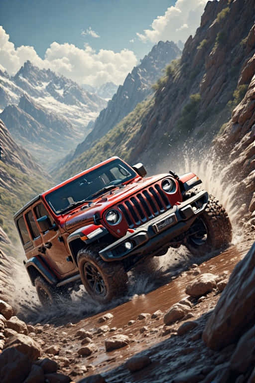 jeep climbing a rocky mountain, splashing through mud. 壁紙 — 一輛紅色Jeep Wrangler在部分多雲的天空下，於崎嶇的山谷中穿越泥濘的岩石溪流。