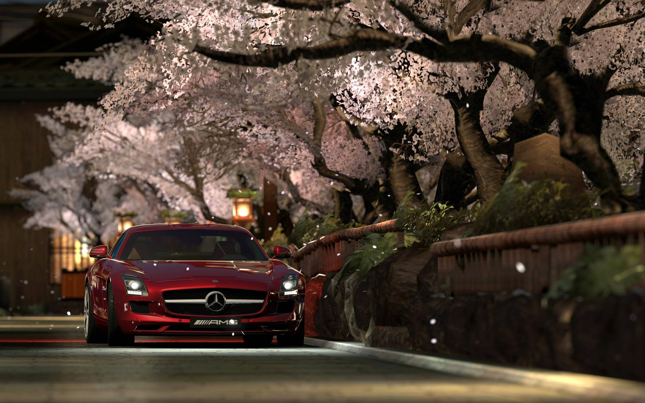 mercedes iPhone 桌布 壁紙 — 一輛紅色Mercedes-AMG跑車在黃昏時分，於寧靜的日本街景中，在閃耀的櫻花樹下滑行。