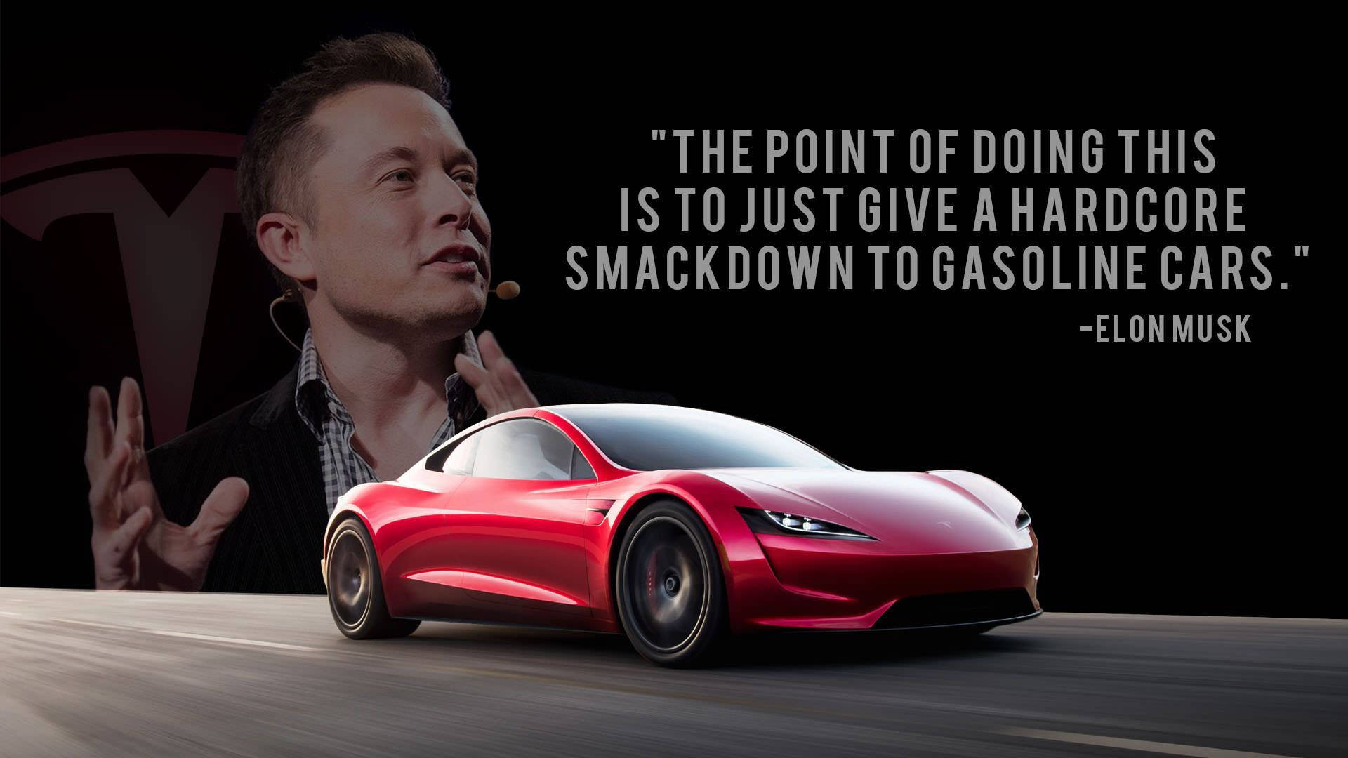 Elon 桌布 壁紙 — 一輛紅色Tesla Roadster向前疾馳，Elon Musk在其後方比手勢，背景為黑色並覆蓋一句引言。