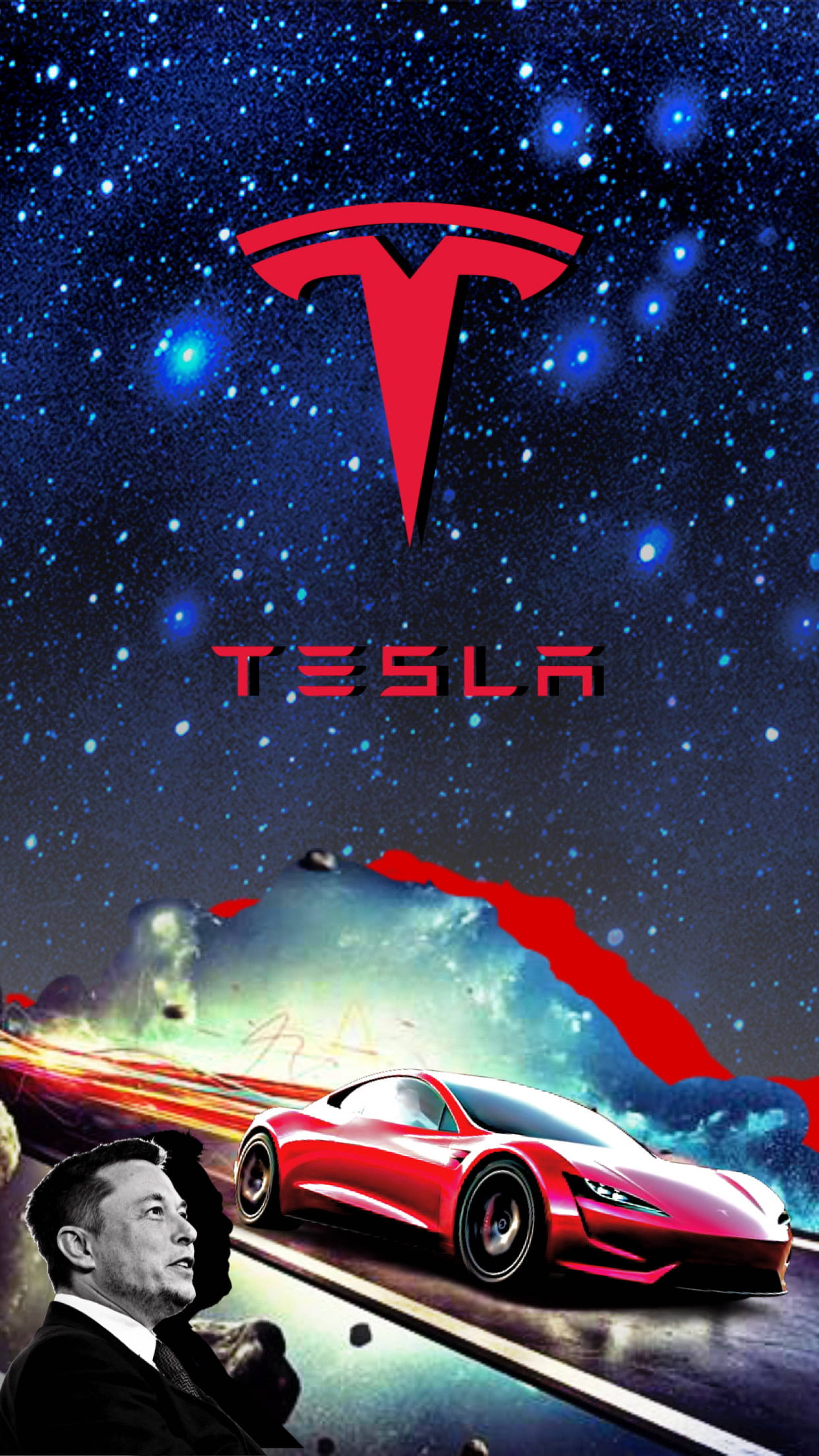 Elon 桌布 壁紙 — 一輛紅色Tesla汽車在星空和伊隆·馬斯克的前景下，於發光的Tesla標誌下高速穿越宇宙場景。