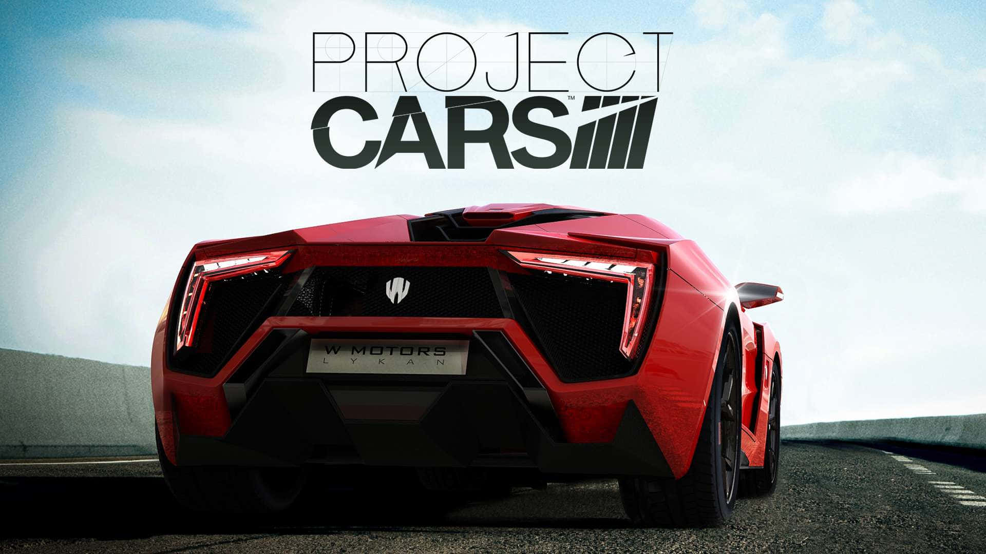 電玩遊戲 桌布 壁紙 — 一輛紅色W Motors Lykan Hypersport跑車從後方觀看，在賽道上，天空明亮，上方有「Project CARS」文字。