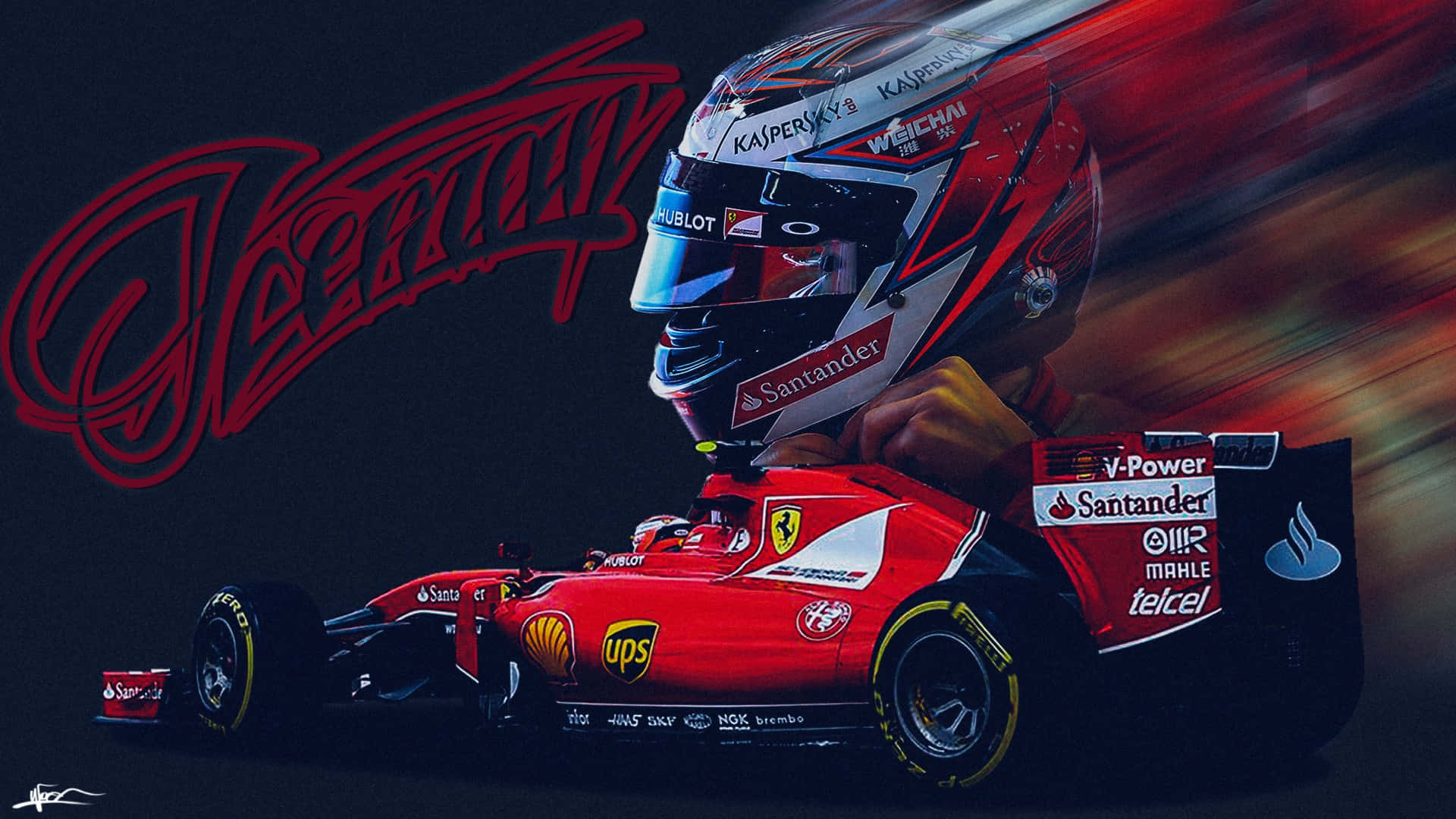 F1 2016 桌布 壁紙 — 一輛紅色一級方程式賽車，車手頭盔呈現動態模糊效果，背景為帶有紅色塗鴉的深色背景。