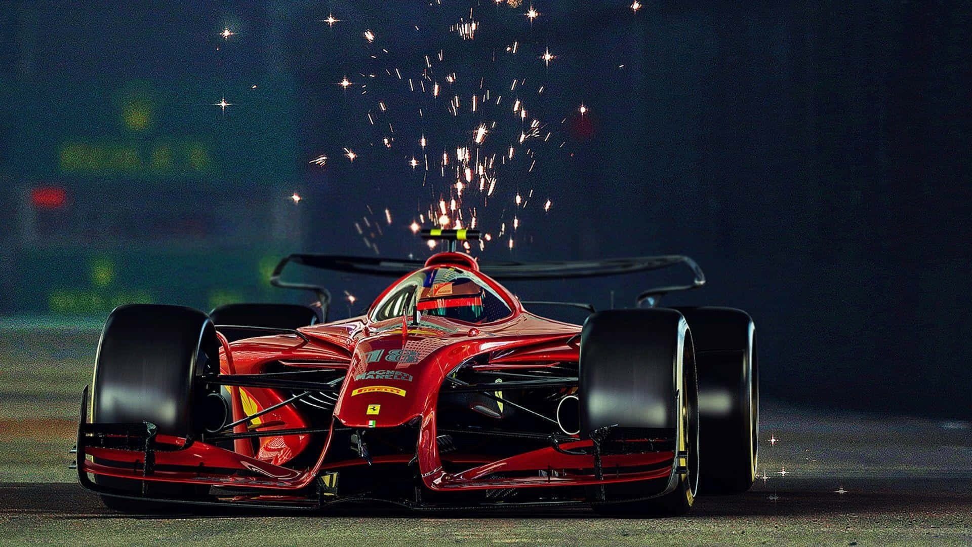sparks 桌布 壁紙 — 一輛紅色一級方程式賽車在夜間奔馳，在黑暗的賽道上高速行駛，車尾火花四濺。