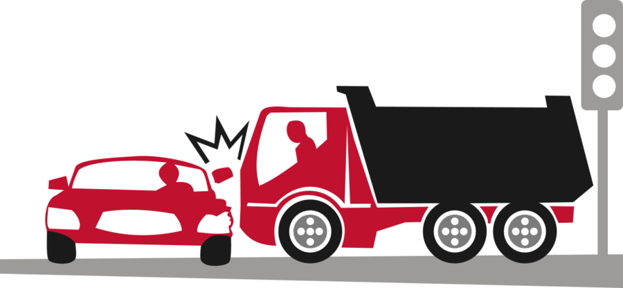 車禍 桌布 壁紙 — 一輛紅色傾卸車在紅綠燈處與一輛紅色汽車相撞的簡約插圖。
