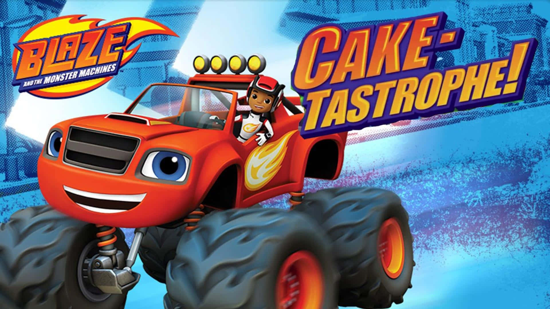 Blaze And The Monster Machines 桌布 壁紙 — 一輛紅色動畫怪獸卡車，有著笑臉和大輪胎，向前行駛，車上有一個小孩司機在揮手，背景是藍色城市景觀和粗體文字。