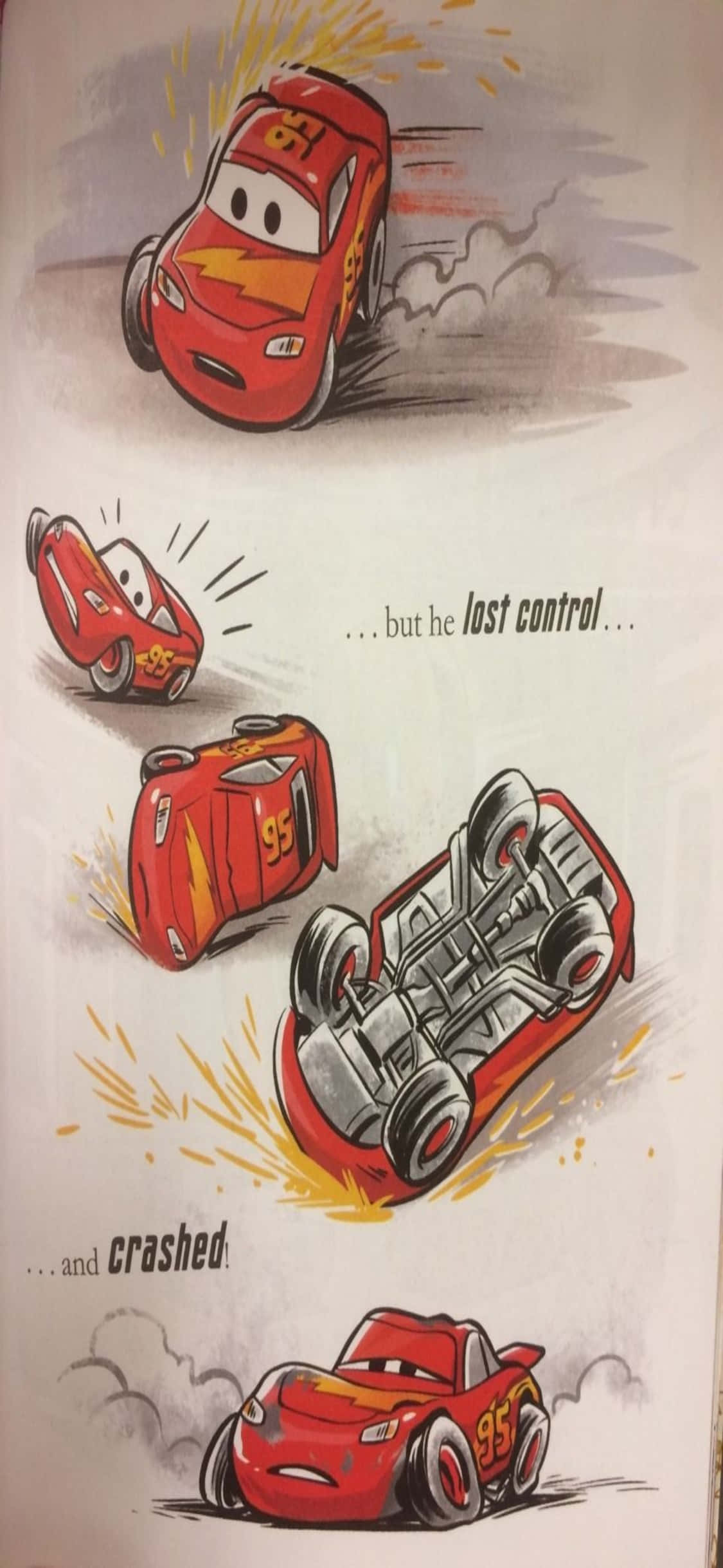 Lightning Mcqueen 桌布 壁紙 — 一輛紅色動畫賽車失控旋轉並在動態漫畫面板序列中撞毀。