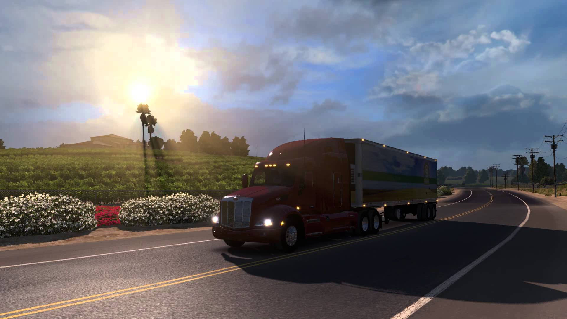 American Truck Simulator 桌布 壁紙 — 一輛紅色半掛卡車在戲劇性的天空下，行駛在一條蜿蜒的道路上，穿過陽光明媚的白花田野。