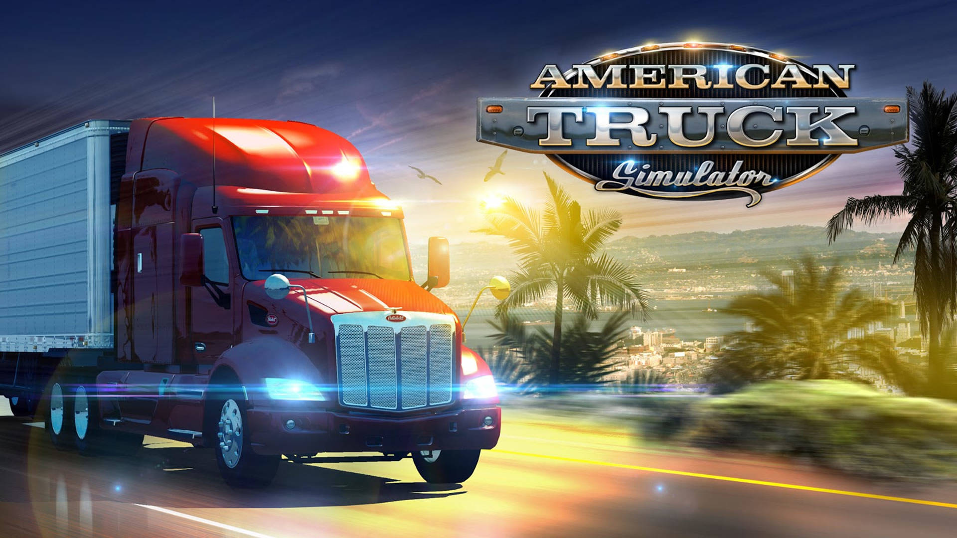 American Truck Simulator 桌布 壁紙 — 一輛紅色半掛卡車在陽光明媚的高速公路上疾馳，經過棕櫚樹，在暮色天空下帶有遊戲標題疊加。