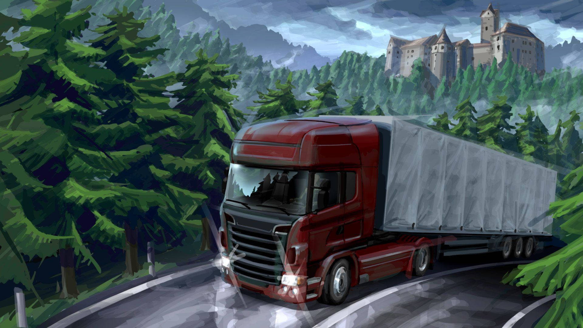 American Truck Simulator 桌布 壁紙 — 一輛紅色半掛卡車拖著灰色拖車，在蜿蜒的山路上行駛，兩旁是茂密的松林，天空多雲，遠處山頂上有一座城堡。