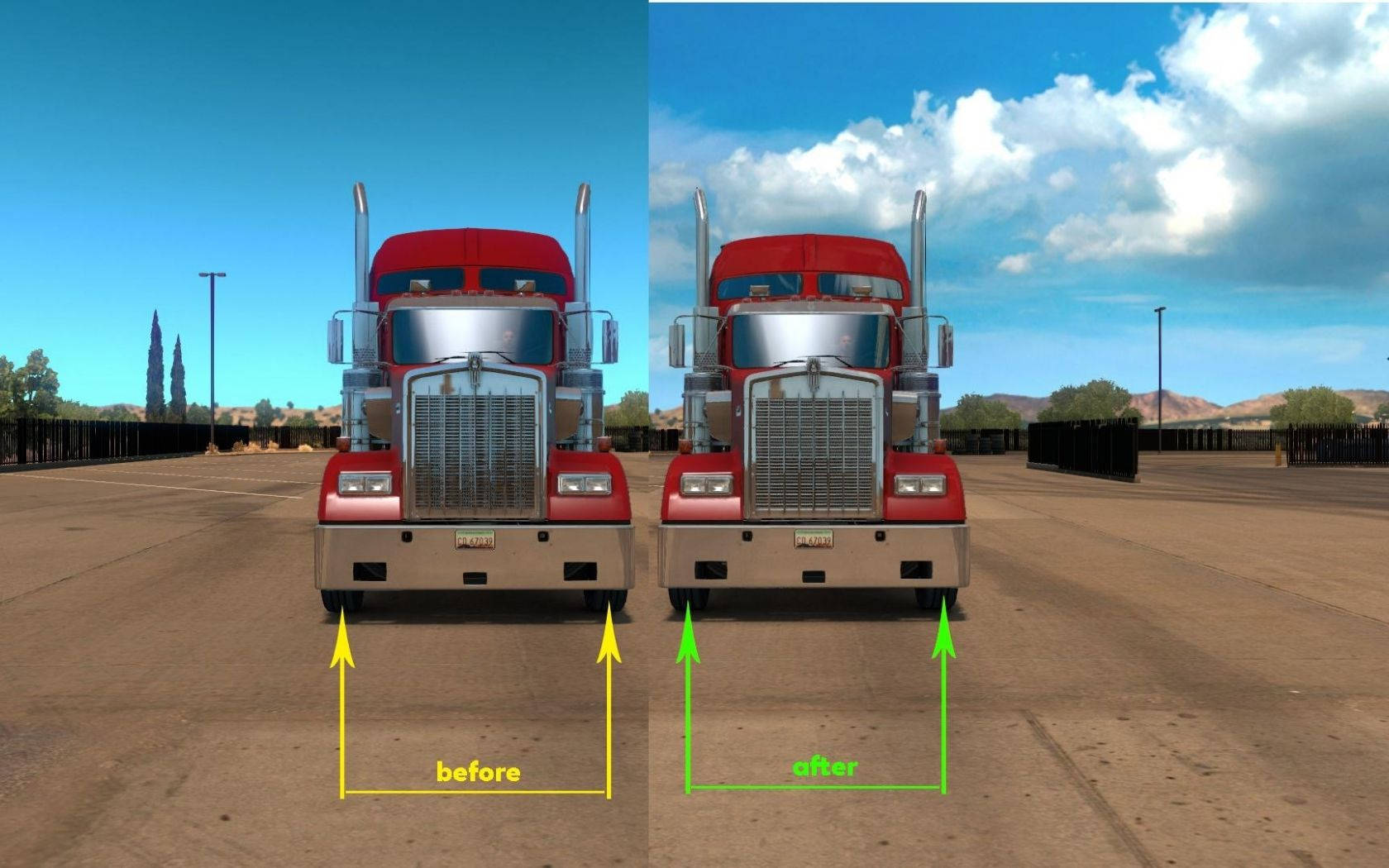 American Truck Simulator 桌布 壁紙 — 一輛紅色半掛卡車的駕駛室在沙漠停車場、藍天白雲下展示視覺增強前後的對比。