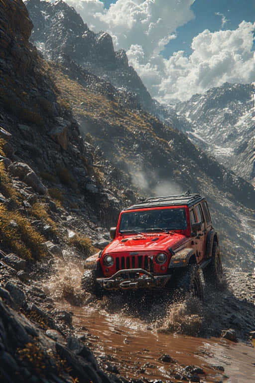 jeep climbing a rocky mountain, splashing through mud. 壁紙 — 一輛紅色吉普車在陰天下行駛過泥濘的山間溪流，背景是白雪覆蓋的山峰。