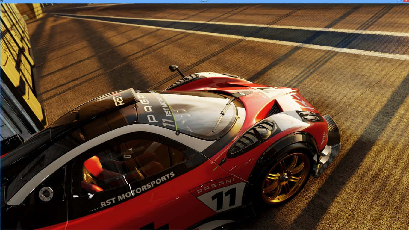1366x768 Project Cars 桌布 壁紙 — 一輛紅色和黑色的 Pagani 賽車，號碼 11，在陽光明媚的賽道上疾馳，投下長長的影子。