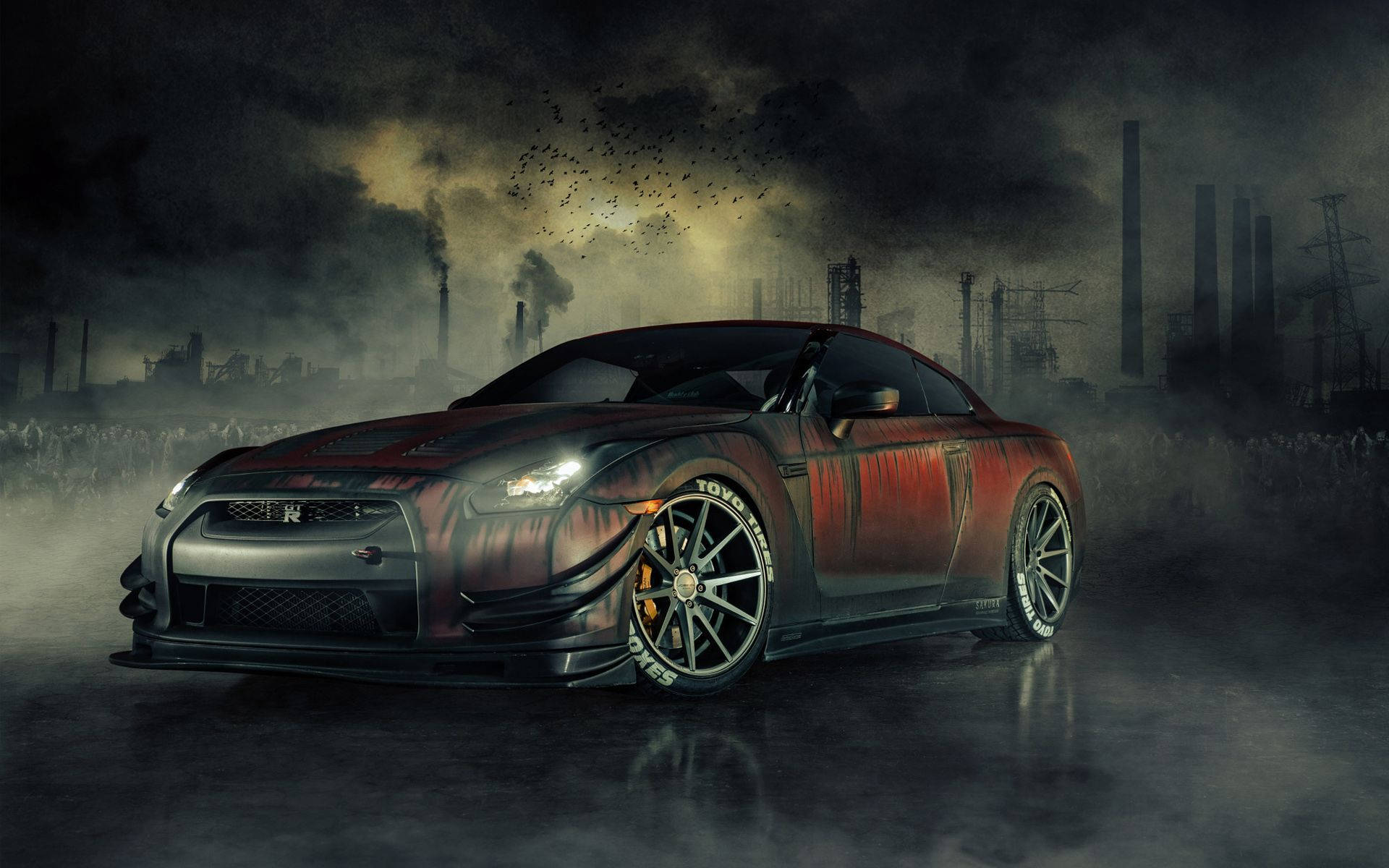 Nissan 桌布 壁紙 — 一輛紅色和黑色的日產GT-R在煙霧彌漫的工業廢墟中飄移，天空風暴密佈。