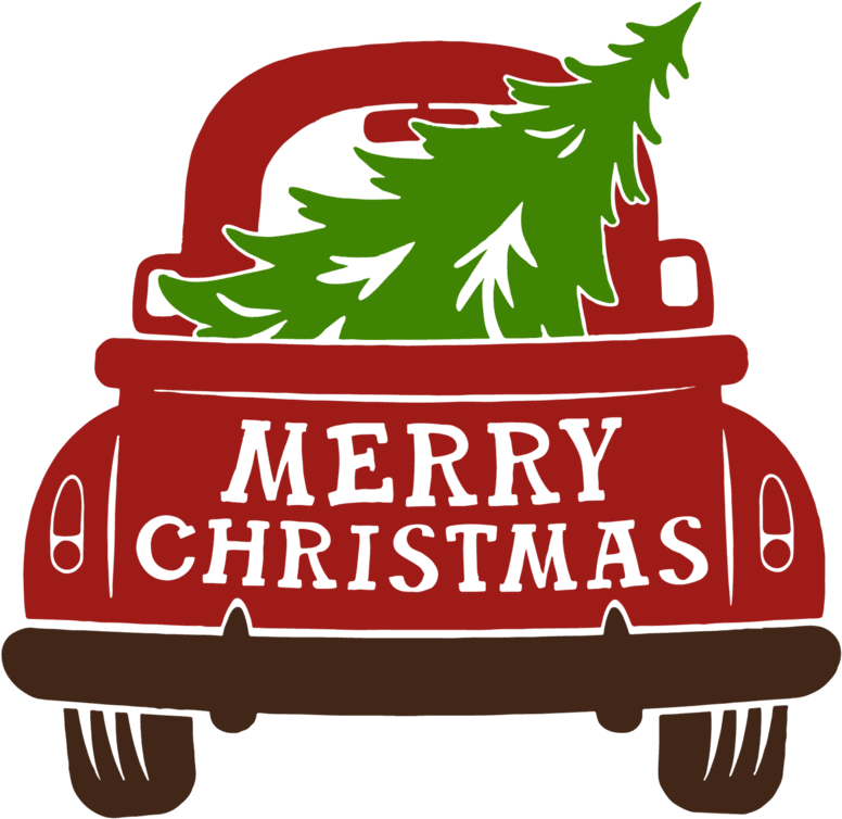 Christmas Clip Art 桌布 壁紙 — 一輛紅色復古卡車載著一棵綠色聖誕樹，樹後寫有「MERRY CHRISTMAS」。