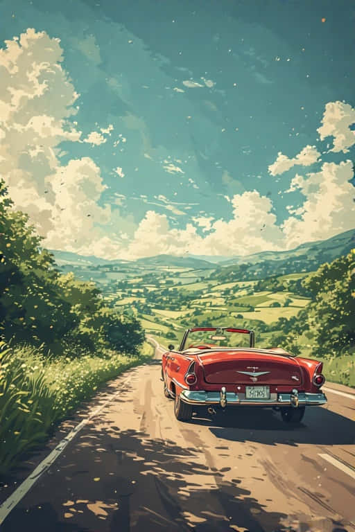1950s Car Adventure 4K 壁紙 — 一輛紅色復古敞篷車在陽光明媚的鄉村道路上行駛，穿過起伏的綠色山丘，頭頂是廣闊的藍天和蓬鬆的白雲。