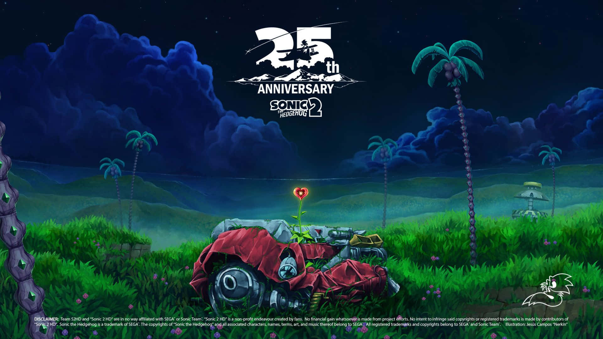 Sonic 2 桌布 壁紙 — 一輛紅色損毀的車輛停放在星空下的草地上，附近有棕櫚樹和一朵發光的愛心花。