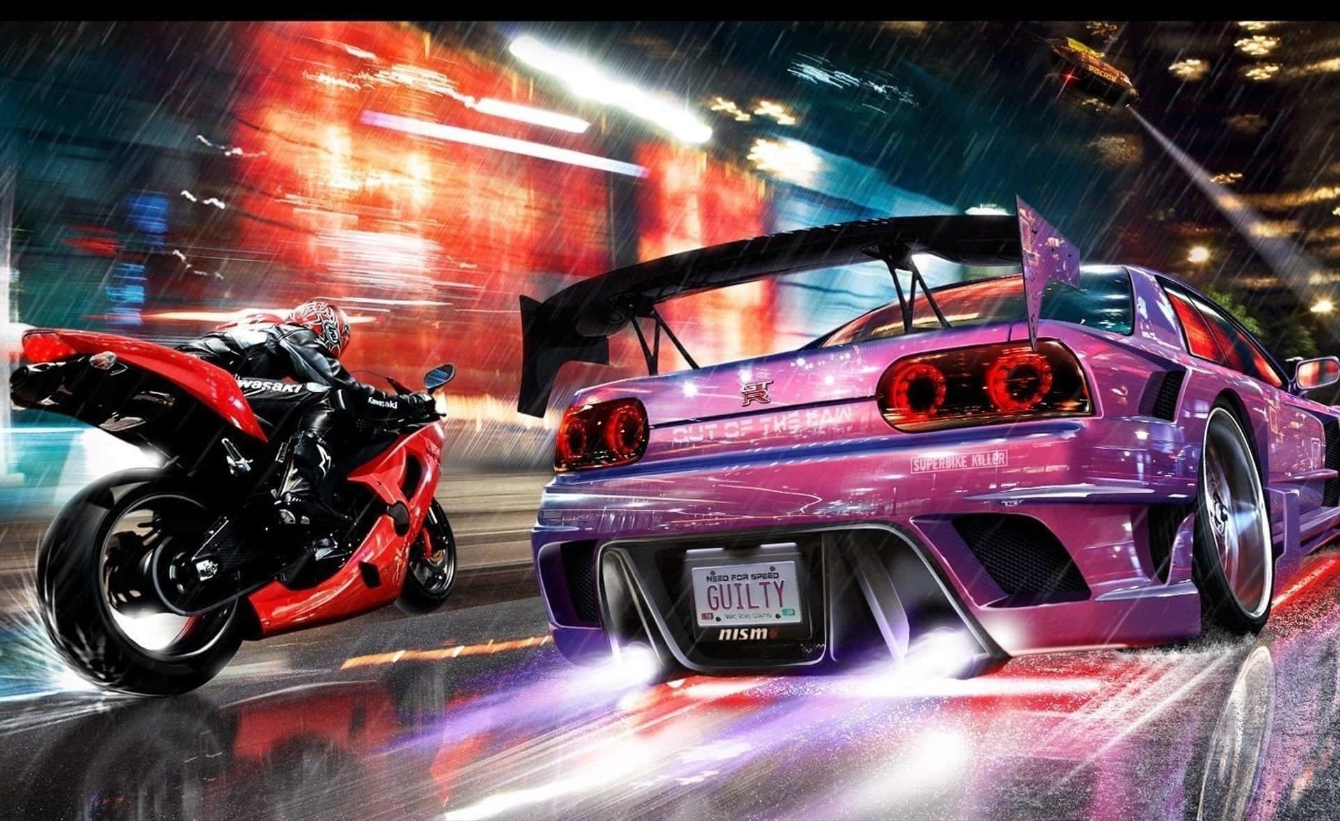 跑車 桌布 壁紙 — 一輛紅色摩托車和一輛紫色跑車在夜晚的雨濕霓虹燈街道上奔馳，帶有動態模糊和發光的燈光。