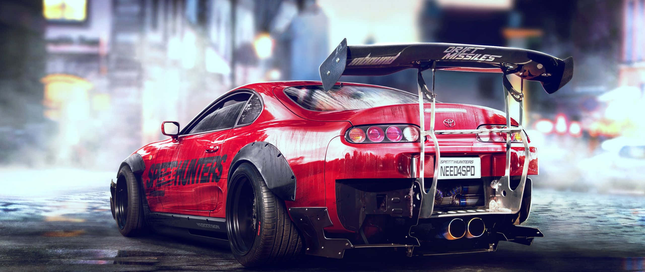Need For Speed Payback 桌布 壁紙 — 一輛紅色改裝跑車在夜間濕滑的城市街道上飄移，身後留下發光的燈光和煙霧。