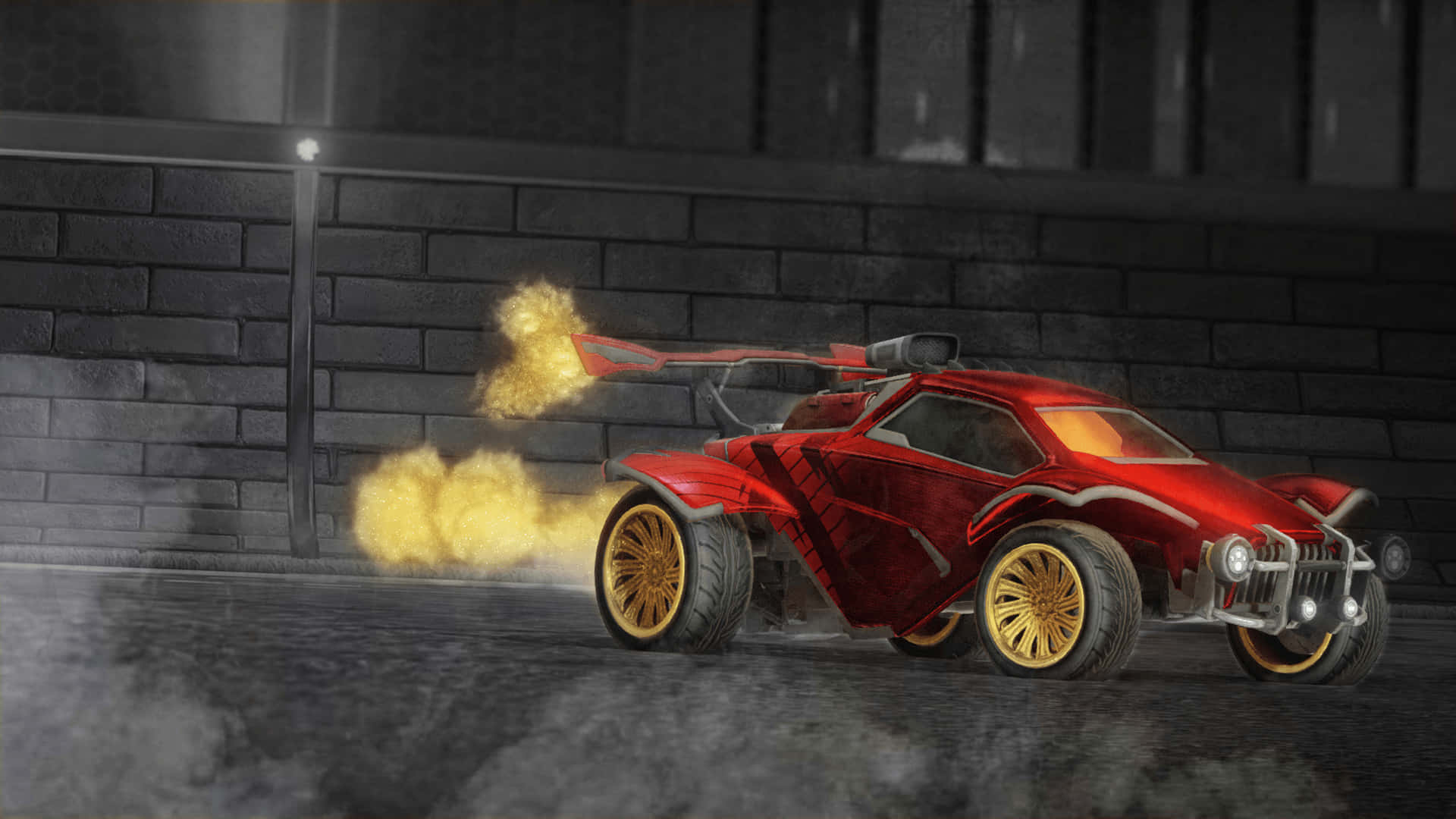 1920x1080 Rocket League 桌布 壁紙 — 一輛紅色未來風格的火箭車，配備金色輪圈，在夜間對著深色磚牆從尾部噴出黃色火焰。