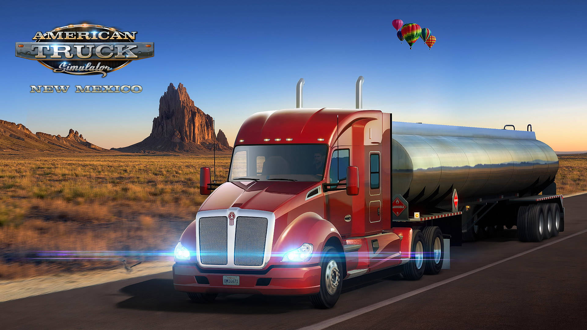 American Truck Simulator 桌布 壁紙 — 一輛紅色油罐車在晴朗藍天下疾馳於沙漠公路，熱氣球飄浮在岩層上方。